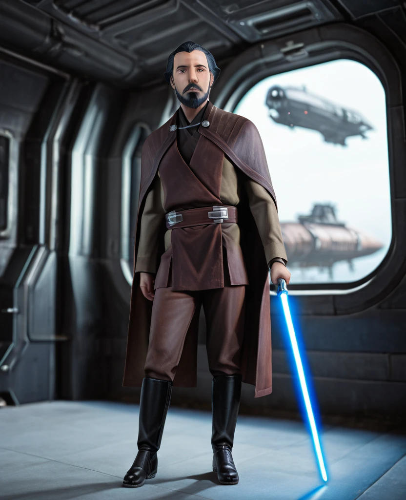 highly detailed, realistic, fine fabric detail, absurdres, highly-detailed, best quality, masterpiece, very aesthetic, photorealistic, perfect eyes,   <lora:Younger_Count_Dooku_Illustrious:1> Young-Dooku, Star Wars, solo, full body, short hair, black hair, 1boy, closed mouth, upper body, beard, mustache, male focus, trousers, boots, holding lightsaber, weapon, blurry background, spacecraft interior