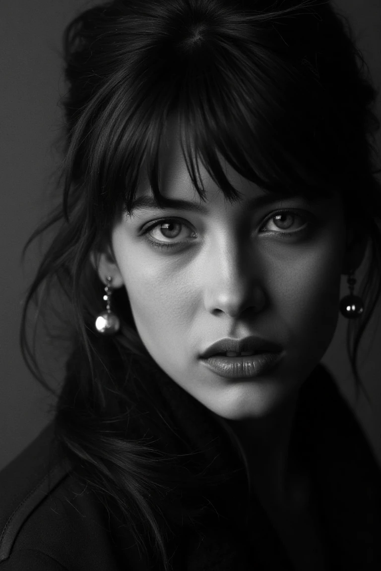 portrait inspired by Peter Lindbergh's photographic style of sophiemflx, a woman looking directly into the camera with an intimate and deep expression.