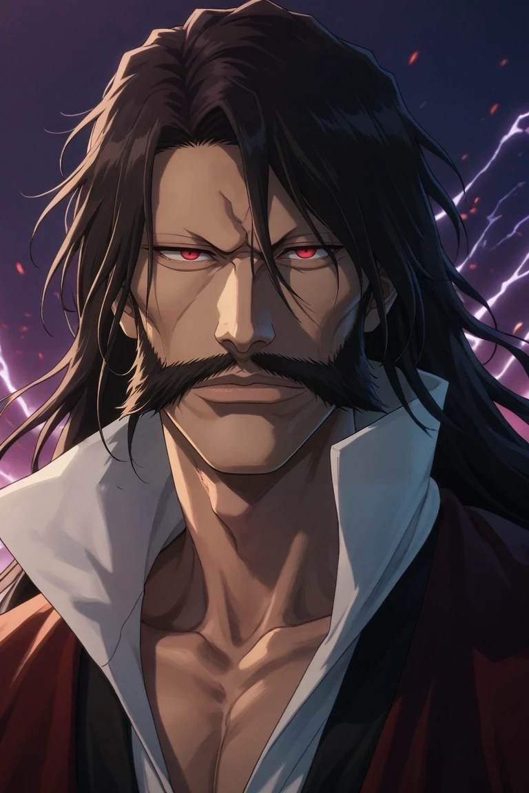 score_9, score_8_up, score_7_up, source_anime, rating_safe, , anime screencap, , , , , 1boy, solo, male focus, <lora:yhwach_bleach_pony:0.9>, yhwach_bleach, black hair, red eyes, facial hair, long hair, mustache, beard, , digital realm, data streams, circuit paths, energy fields, interface pose, analyzing expression, grid lighting, deer costume, <lora:sdxl_lightning_8step_lora:1>