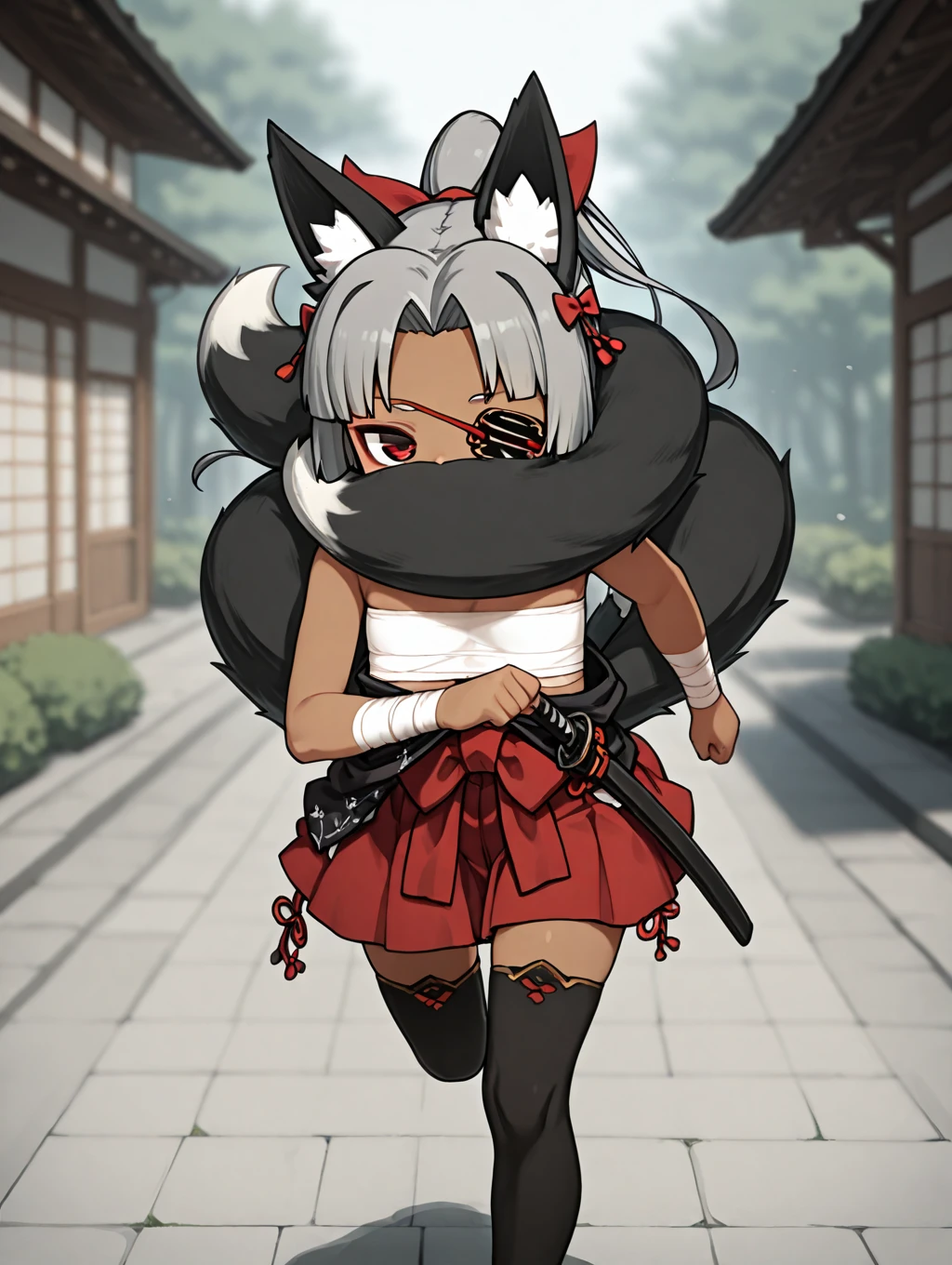 1girl, Izuna, grey hair, high-ponytail, red eyes, black fox ears, black fox tail, 4 tails, dark_skin, eyepatch, bandages, sarashi, red skirt, hair bow, red bow, tail over mouth, covered mouth, tail around head, black thighhighs, sheath, katana,

expressionless, standing, ((dynamic pose)), outdoors, RUNNING,

masterpiece, best quality,amazing quality, very aesthetic, absurdres, depth of field, blurry background, extremely detailed face, detailed eyes eyes,masterpiece,best quality,amazing quality