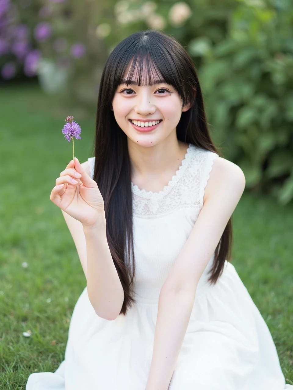 The image is a portrait of a young woman named sakutan sitting on the ground in a garden. She is wearing a white sleeveless dress with a lace neckline and is holding a small purple flower in her hand. The woman has long dark hair with bangs and is smiling at the camera. The background is blurred, but it appears to be a grassy area with plants and flowers. The lighting is soft and natural, creating a peaceful and serene atmosphere.