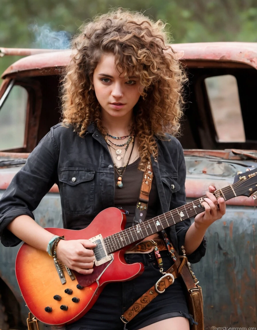 painterly, curly hair, ground vehicle, holding phone, cigarette, belt, jewelry, holding instrument, guitar, solo