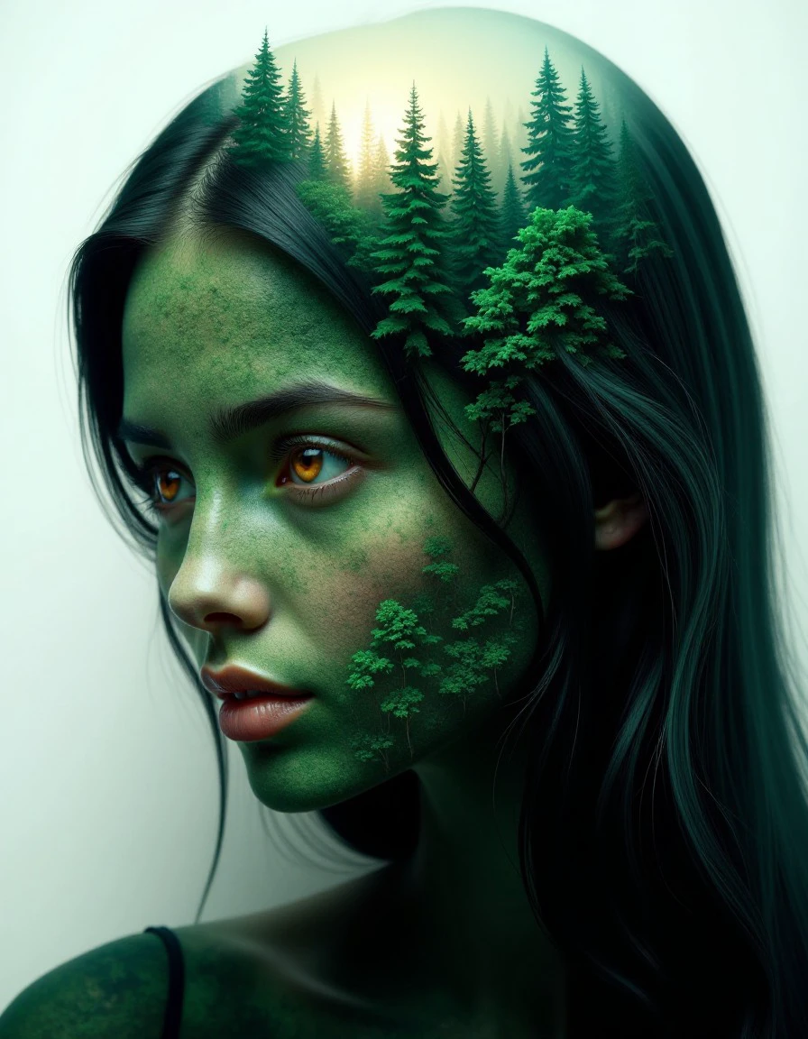 double-exposure. This is a digital artwork featuring a surreal, highly detailed portrait of a woman's face seamlessly merged with a forest landscape. The woman's face is depicted in a realistic, detailed manner, with striking, expressive brown eyes and delicate facial features. Her skin appears to be a gradient of green, blending into the forest scene. The face is covered with intricate, stylized trees and foliage, creating a surreal, almost holographic effect.