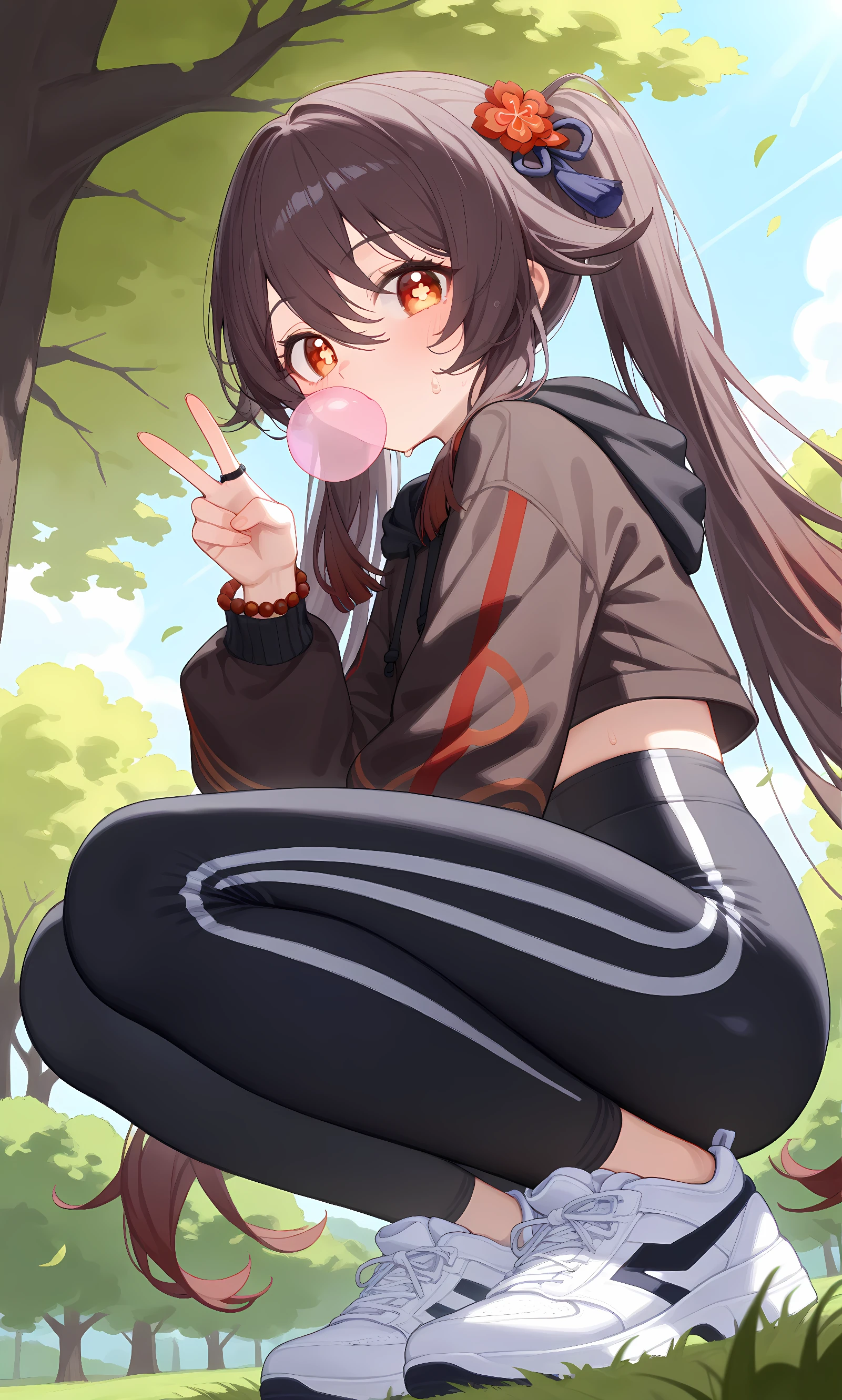 score_9, score_8_up, score_7_up, source_anime, 1girl, solo, outdoors, park, cowboy shot, looking at viewer, shiny skin, close-up, hutao (genshin impact), long_hair, brown_hair, red_eyes, symbol-shaped_pupils, twintails, flower-shaped_pupils, very_long_hair,hair_between_eyes,bead_bracelet, black hoodie, hoodie down, crop top, midriff peek, puffy long sleeves, black pants, high-waist pants, yoga pants, white sneakers, from side, from below, sweat, squatting, peace sign, chewing gum 