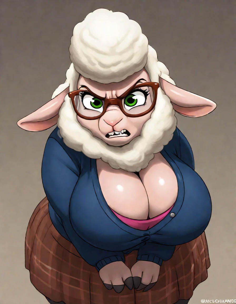 green eyes, cardigan, skirt, cleavage, breasts, big breasts, leaning forward, solo,
<lora:Gillpanda_Style:0.8> gpanda, angry,
<lora:Dawn_Bellwether:0.5> dawn_bellwheter, sheep_zootopia, glasses, sheep,