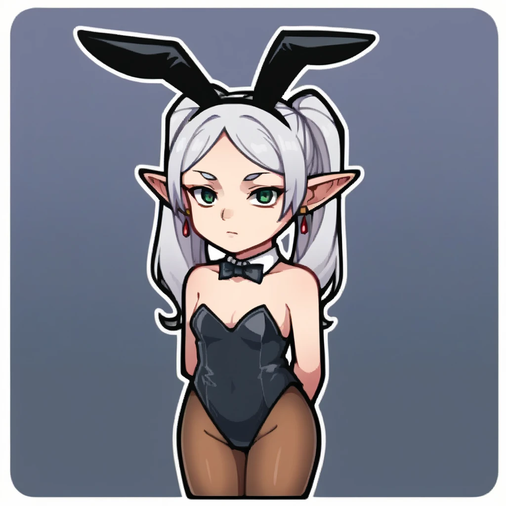 score_9, score_8_up, score_7_up, score_6_up, score_5_up, score_4_up, BREAK, source_cartoon, source_anime,
sticker, colorful, outline, chibi,
1girl, frieren wearing a playboy bunny outfit, green eyes, grey hair, twintails, pointy ears, eyebrows, earrings, strapless leotard, pantyhose,
arms behind back, expressionless, standing, looking at viewer, solo, simple background, black background,    <lora:FrierenXL:0.7>,   <lora:EasyStickerPDXL_byKonan:1>