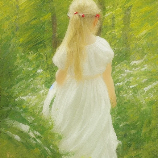 A young girl dressed in white was walking barefoot through the dense forest. Her golden hair was simply draped behind her head, and her snow-white skin was illuminated by the sunlight shining through the forest. Her skin and cheeks were rosy and tempting, as if shining brightly, The oil painting style and texture, using Impressionist techniques