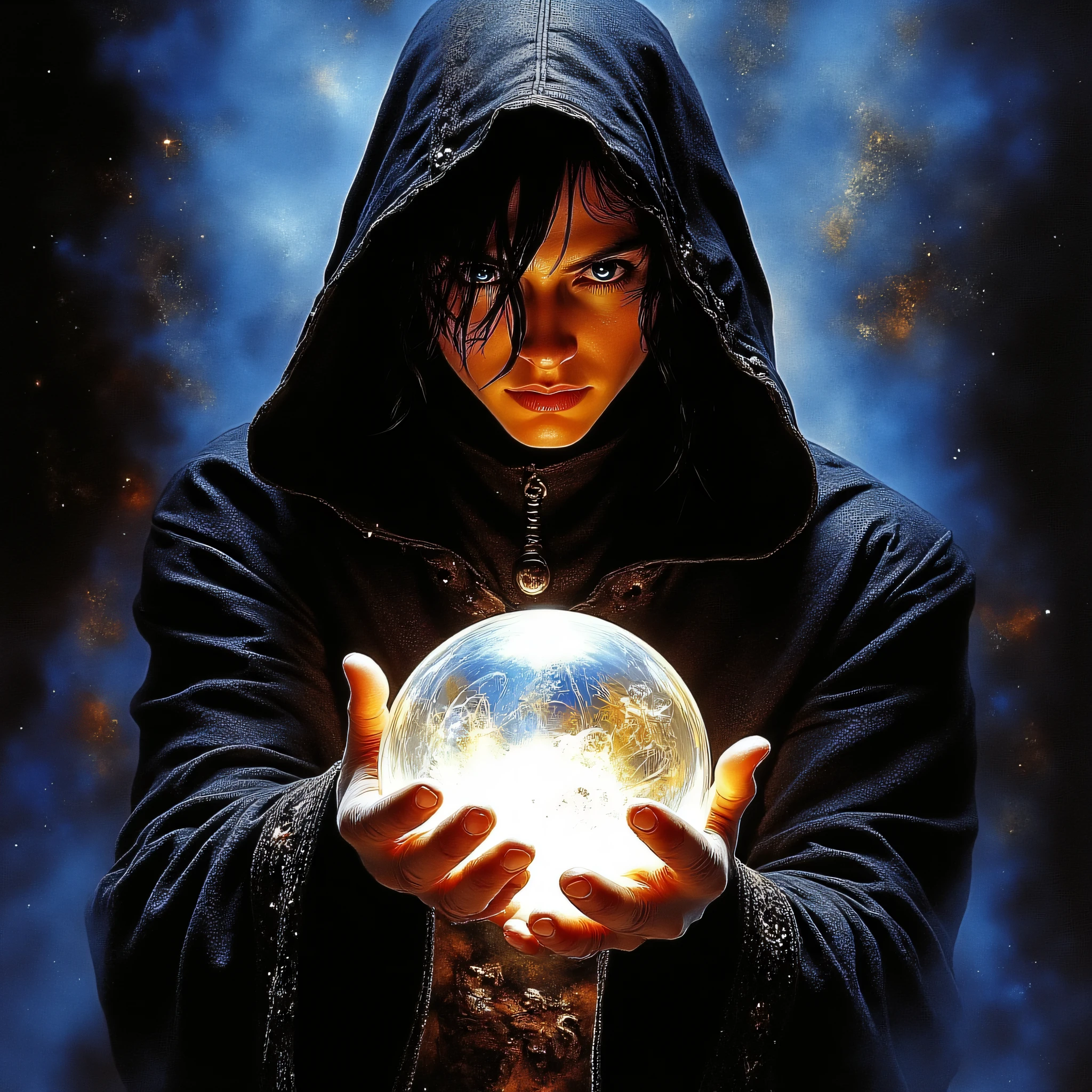 ArsMJStyle, Etherial Gothic,The image is a portrait of a young man wearing a black hooded cloak with a hood that covers his head. He is holding a crystal ball in his hands and appears to be in the process of casting it into the air. The man has long dark hair and is looking directly at the camera with a serious expression on his face. The background is dark and filled with stars and nebula giving the impression of a mystical and mystical atmosphere. The colors are vibrant and the overall mood of the image is intense and powerful., 1girl, solo, hood, blue eyes, black hair, looking at viewer, hood up, robe, upper body, realistic