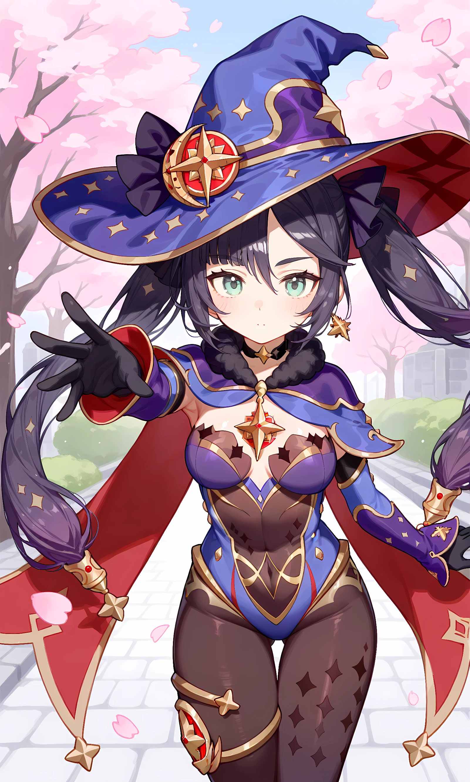 score_9, score_8_up, score_7_up, source_anime, 1girl, solo, outdoors, street, cherry blossoms, cowboy shot, looking at viewer, shiny skin, close-up, mona (genshin impact), long_hair, twintails, black_hair, witch_hat, green_eyes, earrings, star_earrings, hair_ornament, black_gloves, black_pantyhose, blue_leotard, bodystocking, cape, choker, covered_navel, detached_sleeves, fur_collar, gold_trim, highleg_leotard, jewelry, star_(symbol), thighlet, fur_trim, hat_ornament, elbow_gloves,thigh_gap, very_long_hair, reaching out