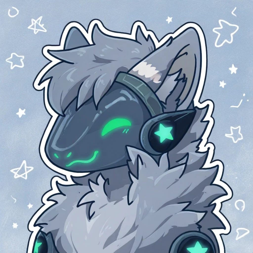 furry, green eyes, blue theme, closed eyes, bell, grey background, glowing, star (symbol), white outline, grey fur, protogen