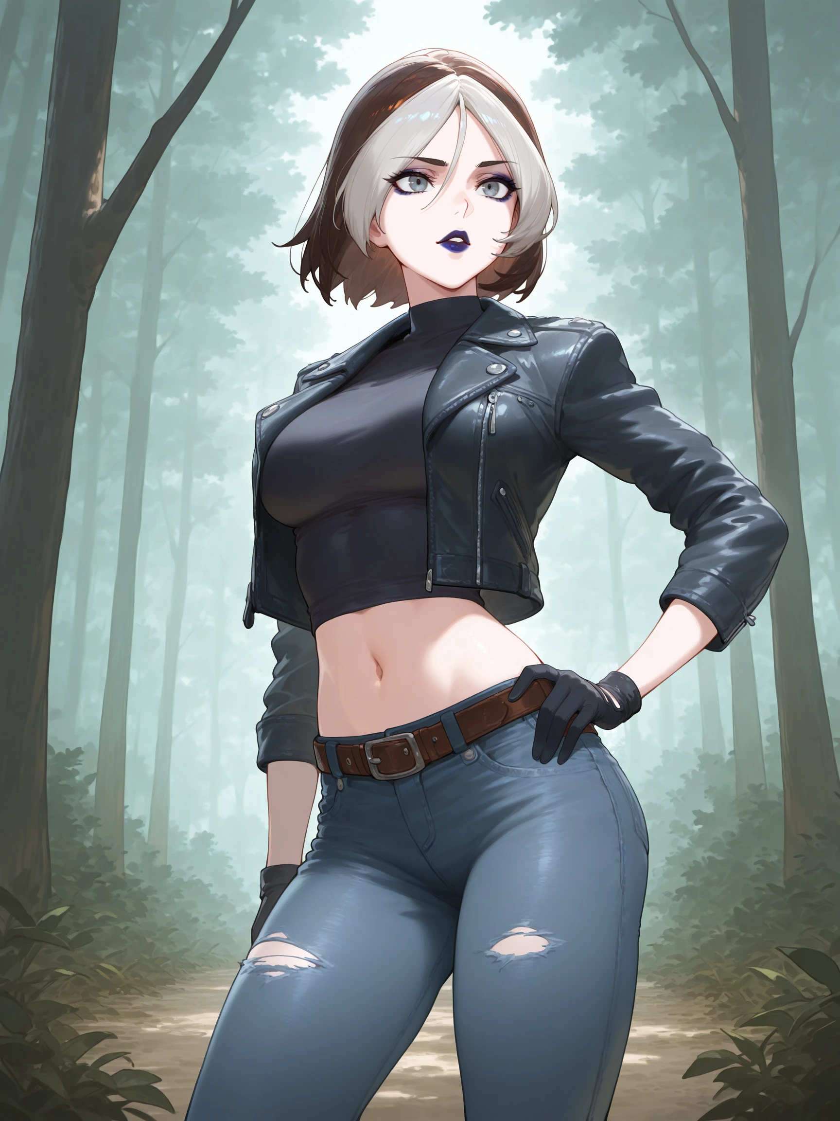 masterpiece, best quality, high quality, detailed, absurdres,
grey eyes,
rogueill, 1girl, solo, short hair, navel, medium breasts, black gloves, midriff, pants, hand on hip, makeup, denim, lipstick, jeans, torn pants, bangs, brown leather jacket, forest, day,
<lora:rogueill-000007:0.8>,
<lora:GEN(illust) 0.2v:1>