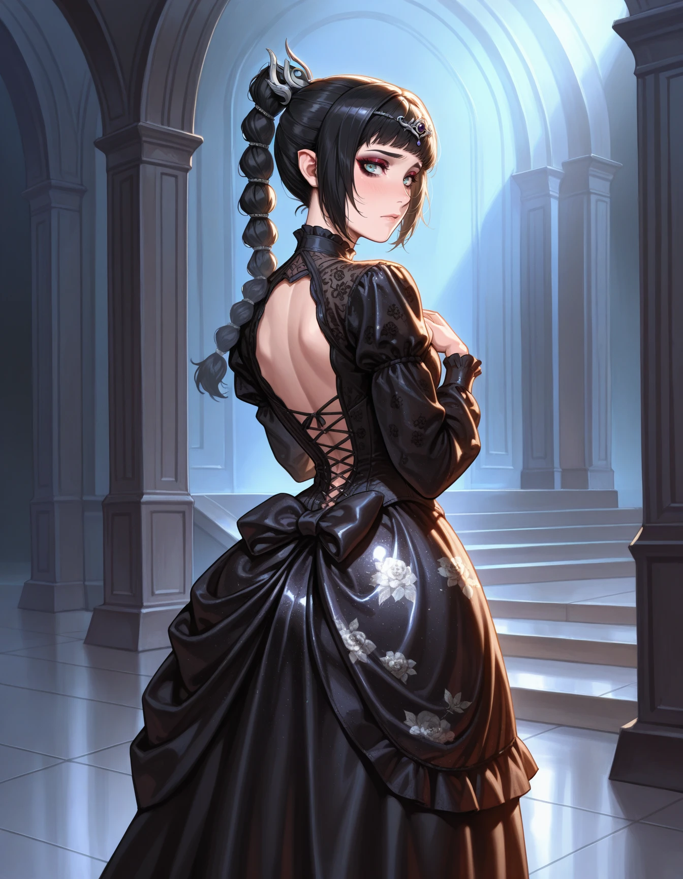 1girl, solo, shadowheart \(baldur's gate\), from behind, looking back, black gown, shiny satin fabric, sash, bustle skirt, from side, looking at viewer,  hand on chest, grand hall, shy, eyeshadow, headpiece, silver floral print, back bow masterpiece, best quality, very aesthetic, newest