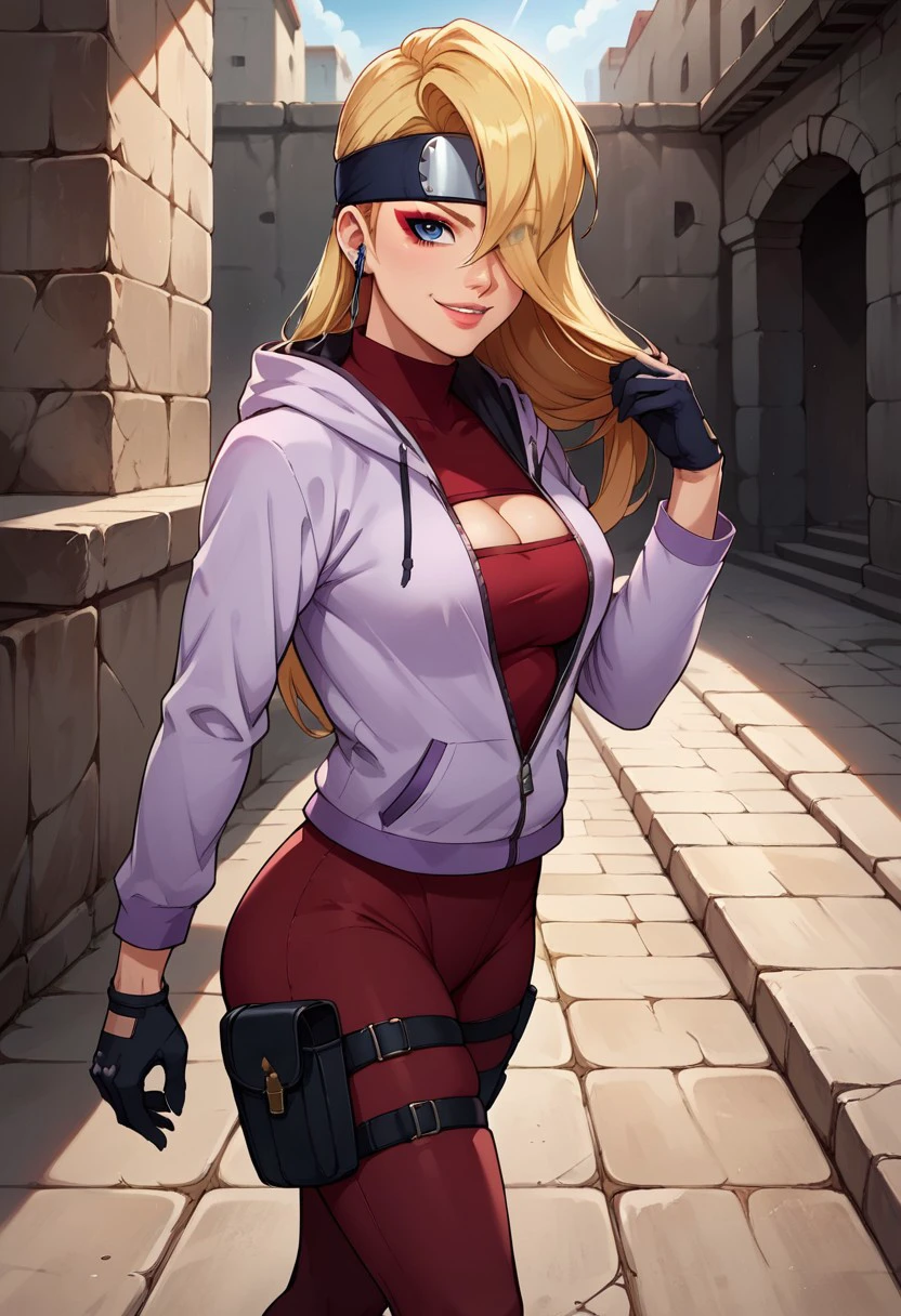 YodoBNNG, 1girl, solo, fair-skinned girl, blonde hair, long hair, unruly hair, hair between eyes, hair over one eye, large bang, forehead protector, dark blue eyes, lips, large breast, cleavage cutout, clothing cutout, hood, hoodie, jacket, half-unzipped hooded light purple jacket, dark red full-body suit, black gloves,  sandals, toeless footwear, earbuds, bandages around her ankles, bandages right thigh, makeup, thigh pouch,   
seductive pose, sexy pose, tease,  in the spotlight,,
smile,ruins,
score_9, score_8_up, score_7_up, beautiful aesthetic, very intricate, high quality details,vibrant, highly detailed, award-winning, professional,anime artwork, anime style, studio anime, athletic, curvy body, athletic girl, perky tits,large breast,perfect tits, round breasts, nipple outline,looking at viewer, pinup pose,teasing, dynamic lighting, cinematic, smug, better than you, aura of temptation, highly detailed, high resolution, masterpiece, detailed clothes, detailed background, highly detailed, ((sound effects)) comic layout,