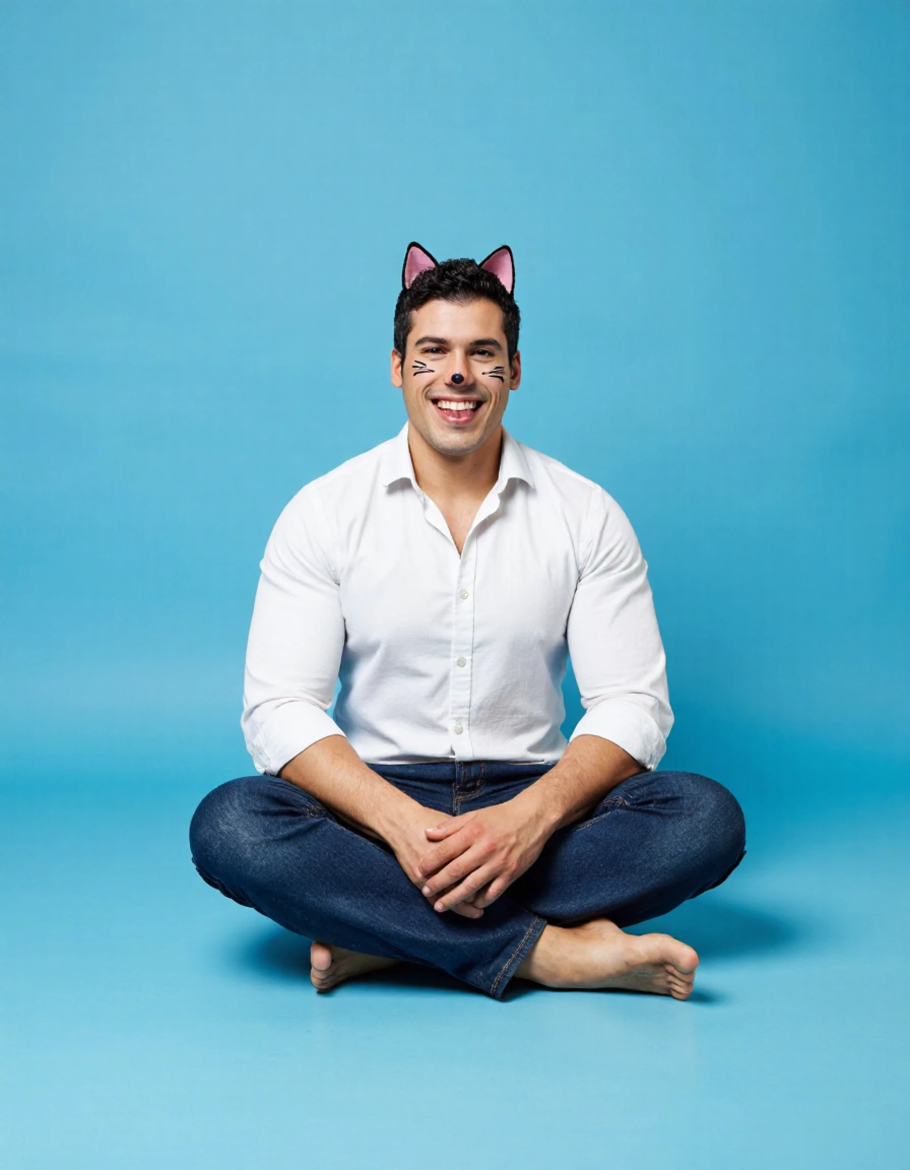 giobenitez a man sitting on a floor. he is handsome. he is muscular. he is wearing a white shirt. he is wearing blue jeans. he is barefoot. he has cat ears on. he has a cat nose and whiskers painted on his face. he is smiling and sticking his tongue out. he is sitting cross leg on the floor. the floor and walls are completely blue. 