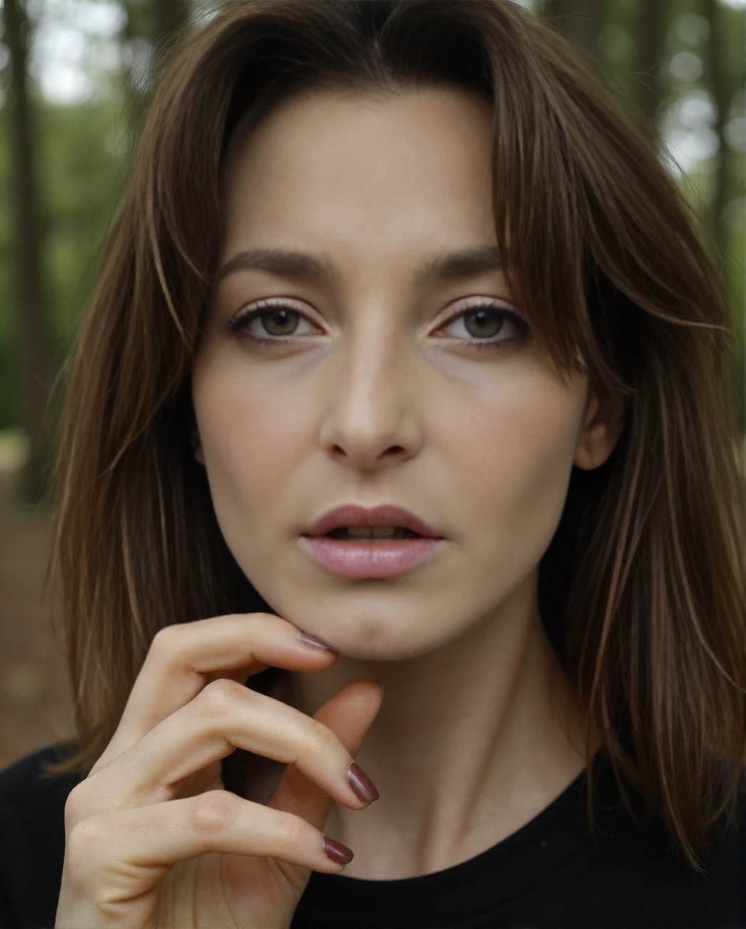 A professional extreme facial close-up portrait photograph of Flora, posing for her portfolio in woodland. Detailed skin, striking make-up, female focus, (SFW), smile<lora:Flora_aka_Mary_G:1>