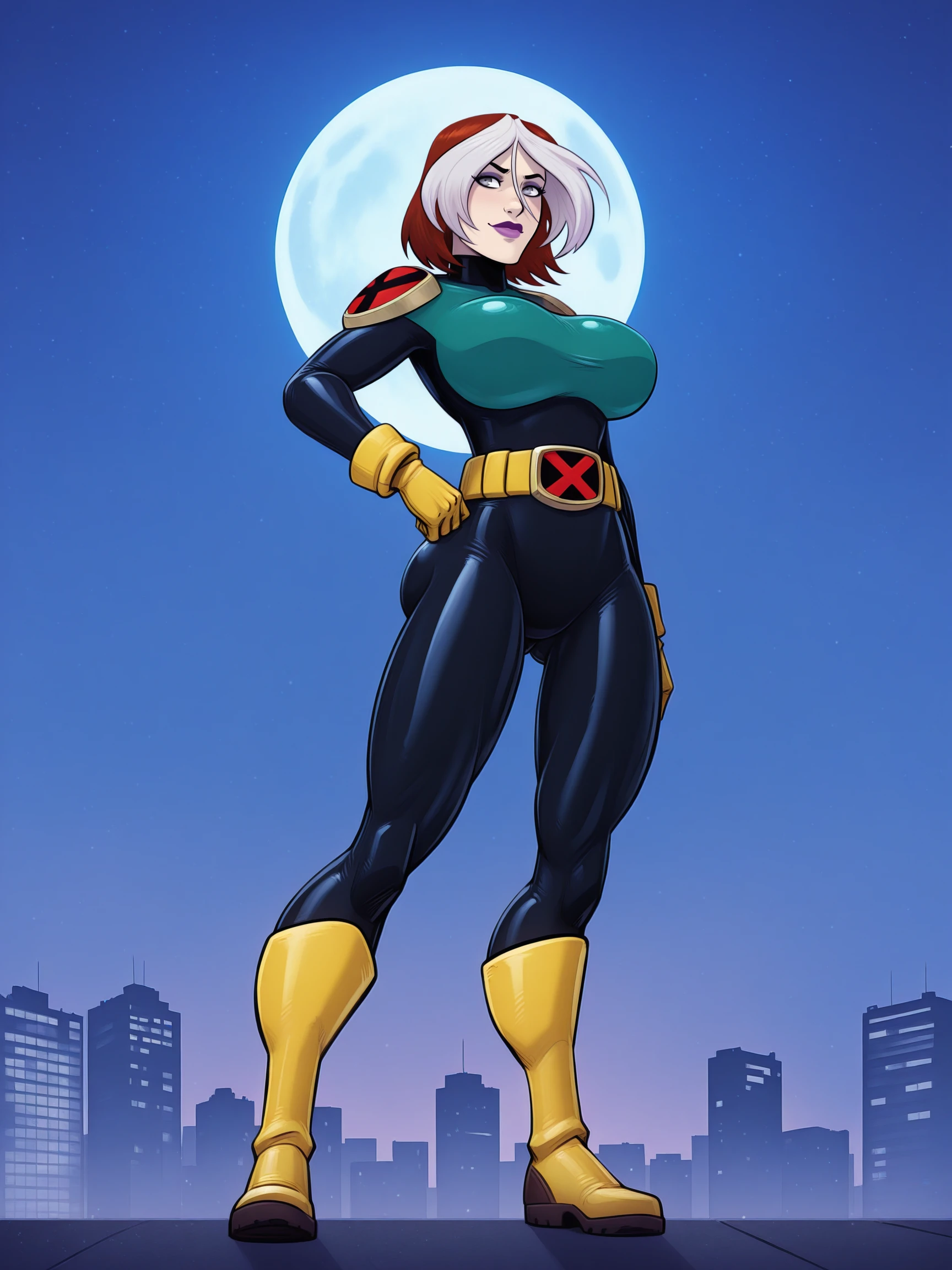 masterpiece, best quality, high quality, detailed, absurdres,
devilhsill,
grey eyes,
rogueill, supersuit, 1girl,, solo, short hair, yellow gloves, full body, boots, belt, makeup, lipstick, bangs,thick thighs, hand on own hip, large breasts, ass visible through thighs, from below,
cityscape, night, moon,
<lora:rogueill-000007:1>,
<lora:devilhsill:1>