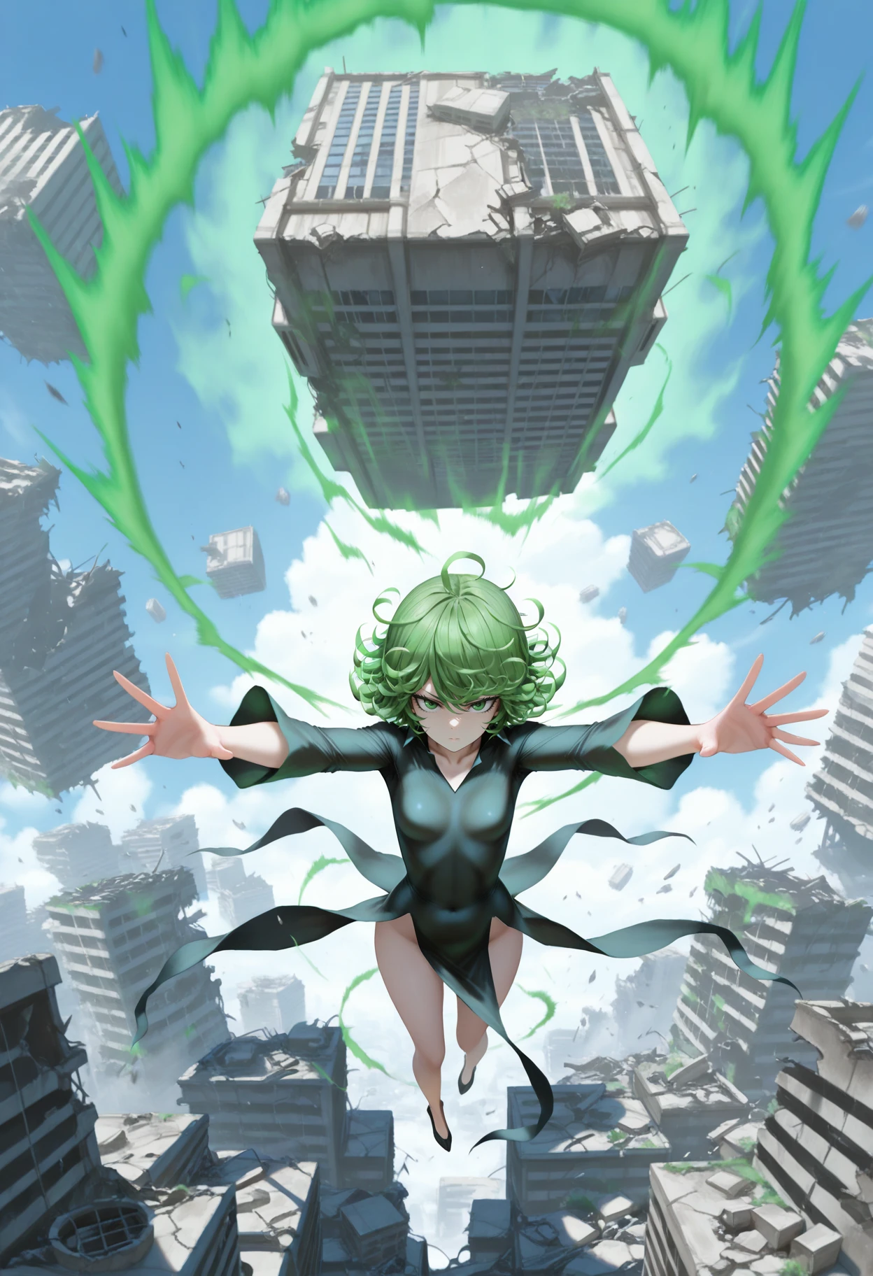 masterpiece, best quality, 2.5D,  
<lora:telekenesis [IL]:0.9> telekenesis,  building,  scenery, outstretched arms, green aura, (floating building, ruins, post-apocalypse), 
1girl, (solo,)  tatsumaki, one-punch_man, green_hair, green_eyes
 <lora:Fly [IL]:0.6> flying, floating, foreshortening, motion blur,