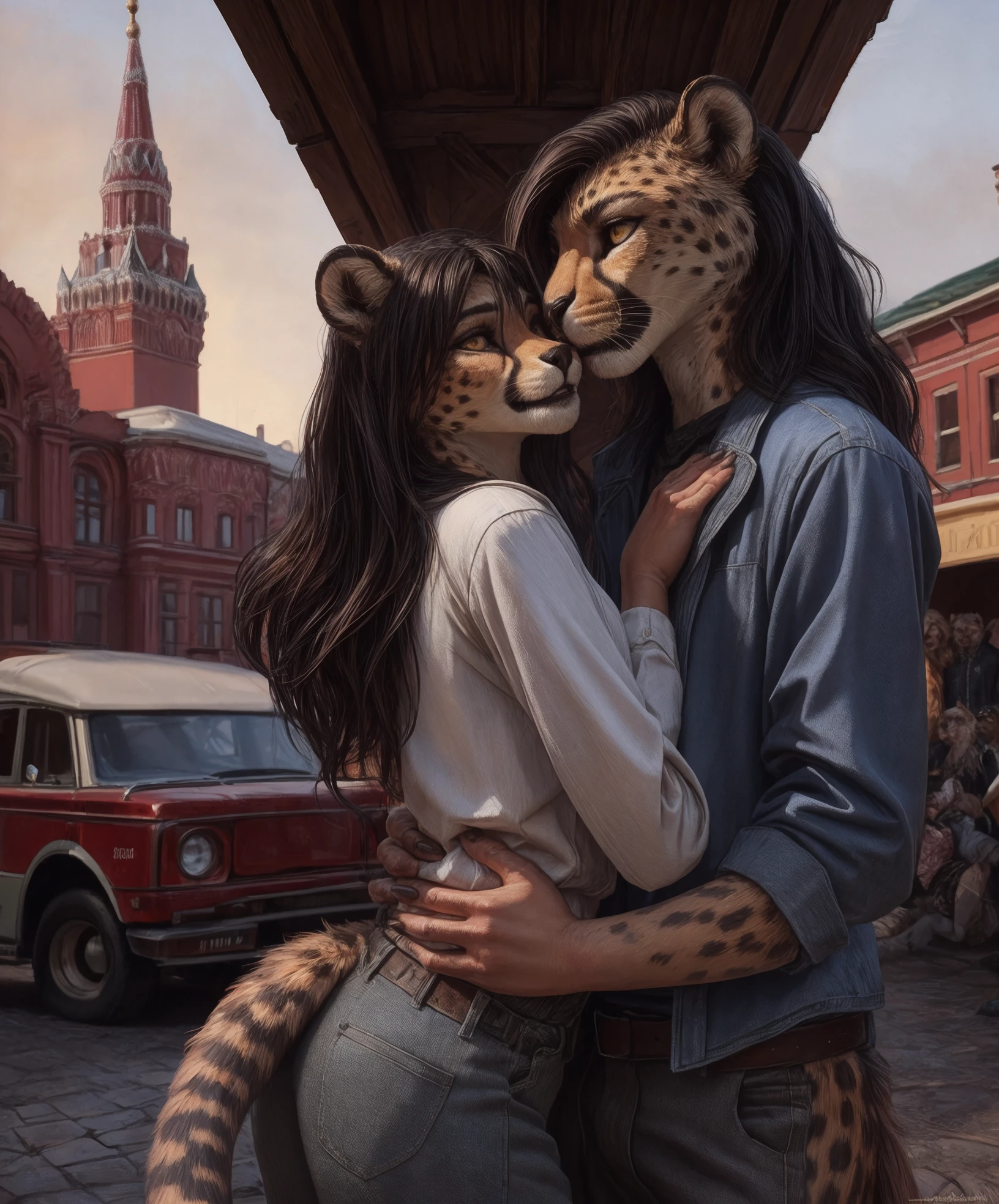 anthro, e621, male/female, duo, hug, touching the belly, the guy touches the girl's belly, cheetah, young lady, young woman, young female, male, man, family, personalami, tail, Moscow, Red Square, Russia, pixelsketcher, kenket, best quality, masterpiece, anatomically correct, super detailed, soft lighting, detailed face, SilgiriyaMantsugosi, by Aurru, anthro, furry, long hair, waist-length hair, black hair, brunette, orange body, yellow eyes, Oouna, pixelsketcher, by silgiriya mantsugosi, Aurru, SilgiriyaMantsugosi, Aurru, best quality, masterpiece, tail, anatomically correct, super detailed, hi res, anthro, gray trousers, white shirt, white t-shirt, fully clothed <lora:ClothingAdjuster3:-1.2>