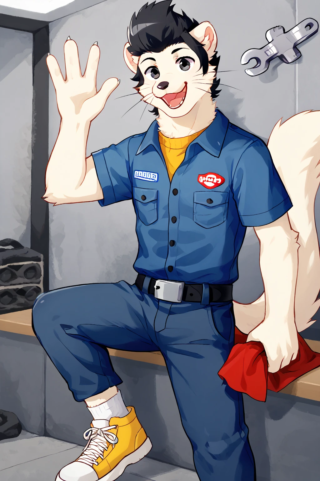 DarnellFetzervalve, ferret boy, furry male, white fur, black hair, pompadour, black eyes, animal ears, black eyes, whiskers, ferret tail, solo, 1boy, blue jumpsuit, short sleeves, breast pocket, yellow undershirt, blue pants, black belt, silver belt buckle, red cloth, yellow shoes, white socks, waving at viewer, looking at viewer, smiling, open mouth, holding wrench, garage background, detailed background, Expressiveh