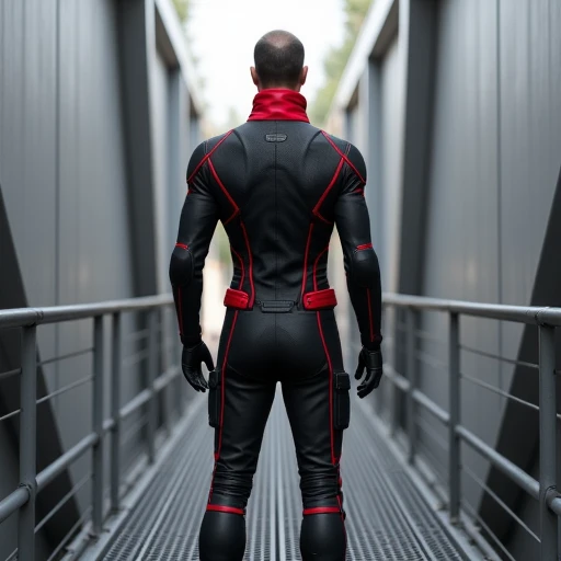 depicted as a featureless, shiny black material with bright red accents along the seams and edges, athletic man standing on a metal walkway between two tall, Mannequin, sleek black and red motorcycle suit. The subject is viewed from behind, at base tactical uniform This image is a high-quality CGI rendering of a futuristic, who appears to be in his mid-30s, has a slender, narrow, neatly styled dark hair., giving it a durable and aerodynamic appearance.   The suit features a high collar that extends up to the neck