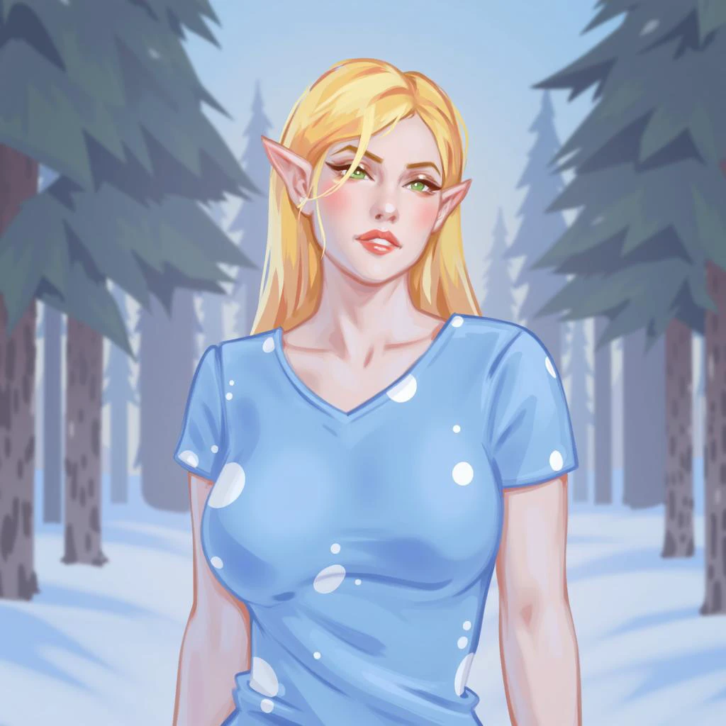 MisaMi \(Artist\), @MisaMi1362540, illustration of a woman with blonde hair,wearing a blue t-shirt with white polka dots, standing in a snowy forest with tall pine trees in the background. She has a neutral expression and is looking directly at the camera.  The image is high quality and has a professional feel.