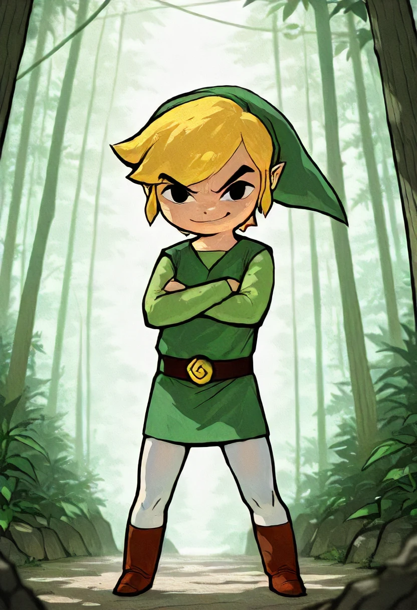 masterpiece, best quality, amazing quality, very aesthetic, absurdres, newest, scenery, WindWakerStyle, 1boy, solo, Toon Link, crossing arms, determined face, smirk, looking at viewer, white tights, green tunic, green cap, belt, boots, tropical forest background, detailed background, masterpiece, best quality, amazing quality, very aesthetic, absurdres, newest, scenery, volumetric lighting