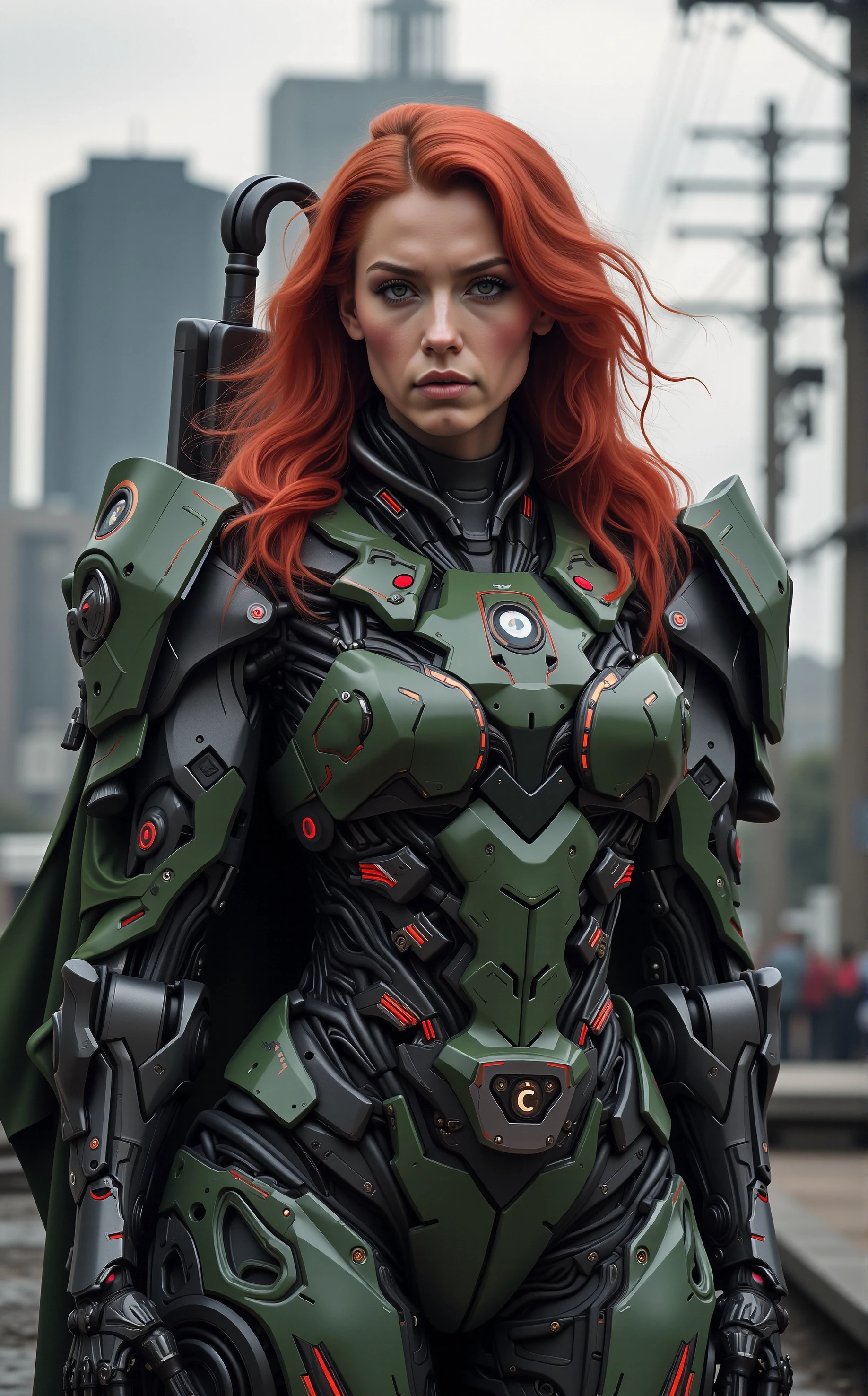 MechArmor, heavy mech, power armor, bulky, Off-center composition, half-body shot, a futuristic woman with long red hair. She is standing in front of a cityscape with tall buildings and power lines in the background. The woman is wearing a futuristic suit made up of military green and black metal, with intricate details and patterns. Her hair is styled in loose waves and cascades over her shoulders. She has a serious expression on her face, mood of the image is ominous and futuristic, cybernetic robot retro cyberpunk, 80's inspired, synthwave, neon, vibrant, detailed, retro futurism, android, machine, metal, tech, futuristic, highly detailed