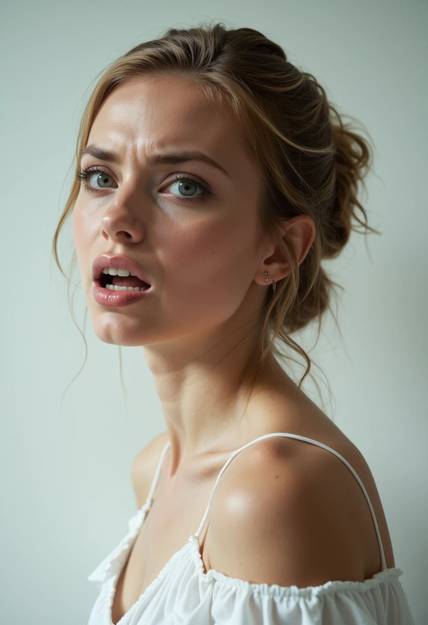 from the side,profile headshots, multiple angles,photoshoot poses; the image is a portrait of a young woman. she is standing. she has piercing eyes. She is wearing a white off-the-shoulder blouse with ruffled sleeves. She has angry look on her face. she is yelling. The background is a simple white wall. The overall mood of the image is angry and frustrated.RAW candid cinema,16mm,color graded portra 400 film,remarkable color,ultra realistic,textured skin,remarkable detailed pupils,realistic dull skin noise,visible skin detail,skin fuzz,dry skin,shot with cinematic camera,detailed skin texture,(blush:0.2),(goosebumps:0.3),subsurface scattering,beautiful photograph in the style of Augustus John,Sergio Toppi,Virginia Frances Sterrett,8k HD,detailed skin texture,ultra realistic,textured skin,analog raw photo,cinematic grain,whimsical.perfection style