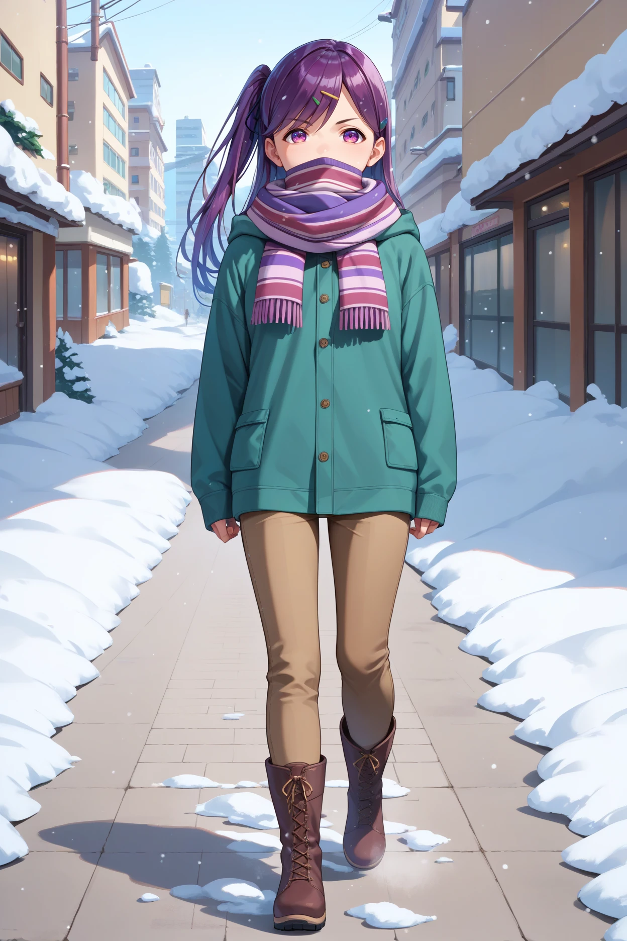 score_9, score_8_up, score_7_up, score_6_up, source_anime, 1girl, solo, <lora:kamuromasumi-pdxl-nvwls-v1_1-000005:1> hskamuro, one side up, purple hair, long hair, purple eyes, hairclip, green hoodie, brown pants, winter, striped scarf, covered mouth, snow, walking, boots, city, winter