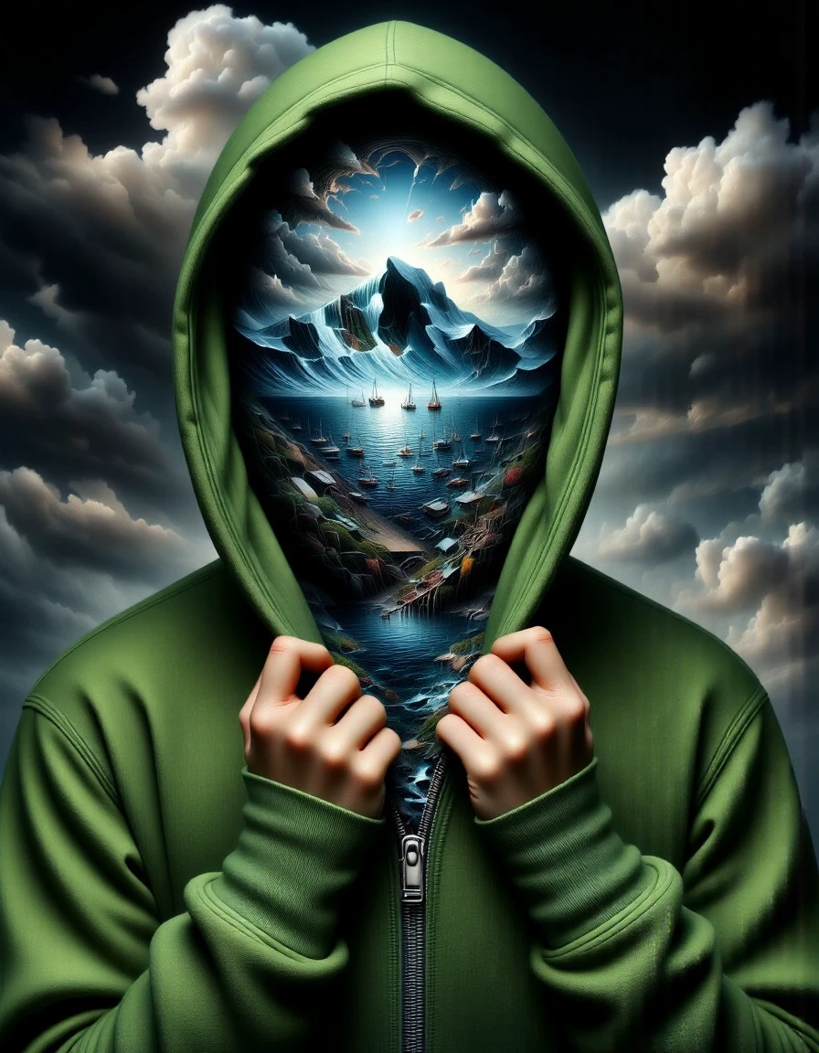 double-exposure,This is a digital artwork featuring a surreal, mixed-media composition. The central figure is a person wearing a green hoodie with the hood up, revealing a stunning, surreal merging of the person's head with a dramatic seascape. The person's hands are holding the hoodie's zipper, which is open, revealing a detailed, high-resolution image of a tranquil harbor scene.