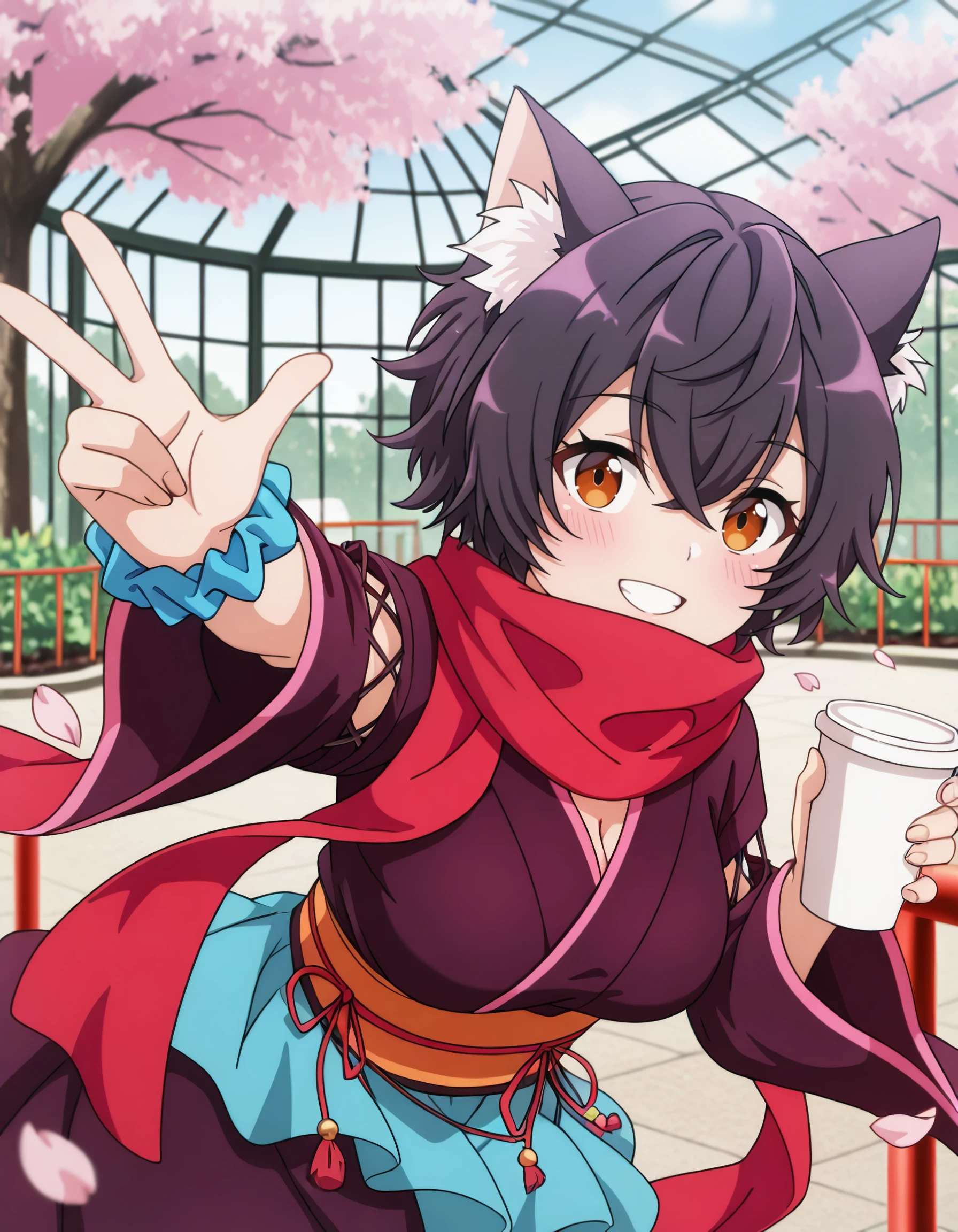 <lora:origa_calmeria_il:1> origa_calmeria, short_hair, black_hair, cat_ears, animal_ear_fluff, hair_between_eyes, brown_eyes, orange_eyes, japanese_clothes, red_scarf, kimono, sash, 1girl, :d, blue_bow, blue_scrunchie, blurry, blush, bow, breasts, button_gap, cherry_blossoms, cowboy_shot, cup, day, depth_of_field, disposable_cup, eyelashes, falling_petals, foreshortening, grin, hand_up, happy, holding, holding_cup, large_breasts, looking_at_viewer, one_eye_covered, outdoors, outstretched_arm, petals, railing, scrunchie, smile, solo, spring_\(season\), w, wind, wrist_scrunchie, arcade, greenhouse, masterpiece, detailed, best_quality