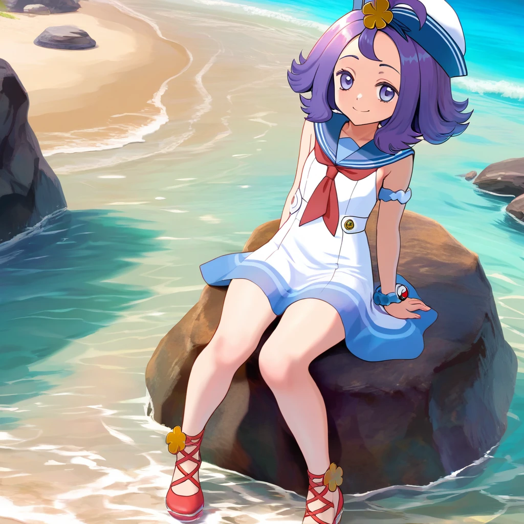 [hinosaki, yewang19, leveen, s_zenith_lee], (1girl), solo, sitting, on rock, sea, feet_in_water, smile,
[acerola_\(pokemon\)], medium_hair, purple_hair, purple_eyes, sailor_hat, white_hat, sleeveless_dress, white_dress, armlet, bracelet, red_neckerchief, sailor_collar, shoes, red_footwear official_alternate_costume, , masterpiece,amazing quality, very aesthetic, high resolution ,ultra-detailed, absurdres, newest