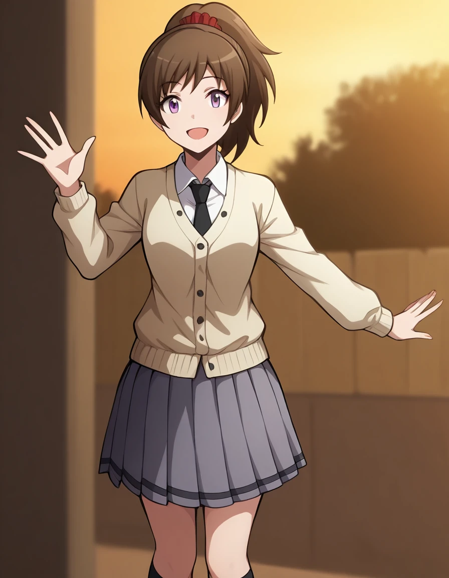 masterpiece, best quality, 1girl, <lora:Toka_Yada_IL_v2:1>, yadatoka, brown hair, high ponytail, purple eyes, red scrunchie, tokaaki, layered clothes, beige blouse, long sleeves, buttons, white shirt, collared shirt, necktie, grey skirt, pleated skirt, kneehighs, looking at viewer, smile, open mouth, arm up, open hand, waving, schoolyard, evening