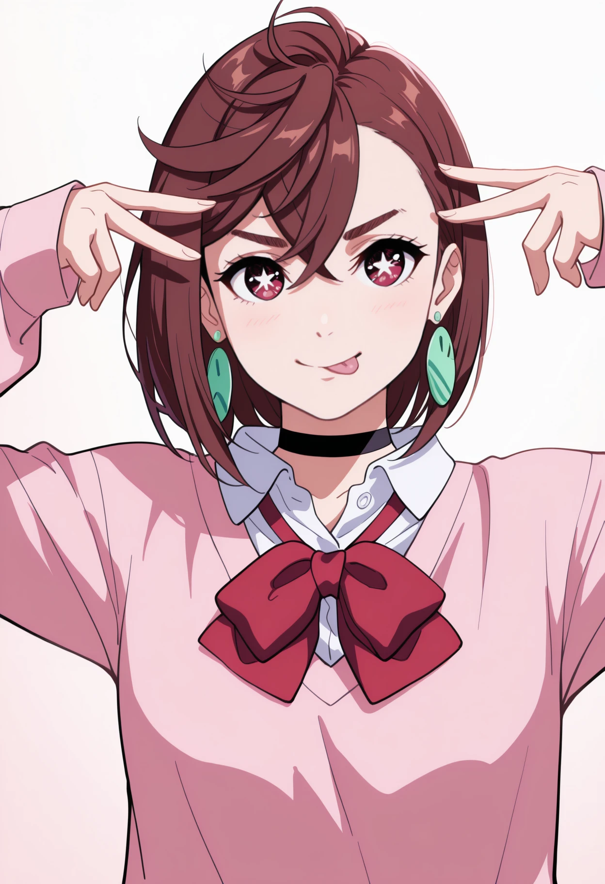 masterpiece, best quality, upper body, solo, 1girl, ayase momo, aihsnpose, smile, tongue out, double v, star-shaped pupils, short hair, brown hair, red eyes, school uniform, pink sweater, long sleeves, white shirt, collared shirt, red bowtie, earrings, black choker
 <segment:yolo-Anzhc Face seg 640 v2 y8n.pt,0.4,0.5//cid=1>