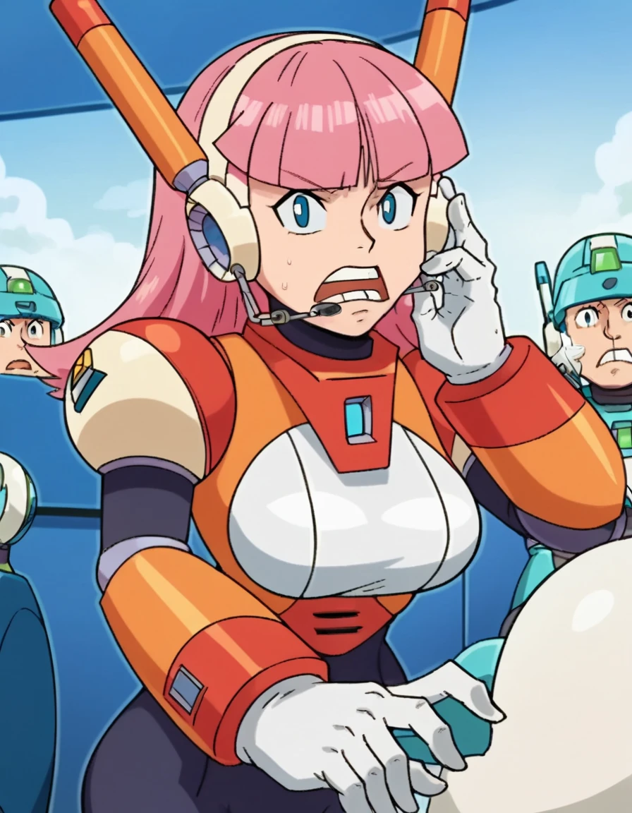score_9, score_8_up, score_7_up, source_anime, <lora:maverickhunterx-navigator-ova-ponyxl-lora-nochekaiser:1>, navigator, long hair, bangs, blue eyes, gloves, pink hair, blunt bangs, android, robot ears, anime screencap,, large breasts, gloves, white gloves, armor, bodysuit, headset,, bowling alley, lanes, pins, balls, fun, , <lora:strawhat-huh-face-ponyxl-lora-nochekaiser:1> strawhat huh face, strawhat huh face, open mouth, teeth,, looking at viewer, solo,, dutch angle, cowboy shot