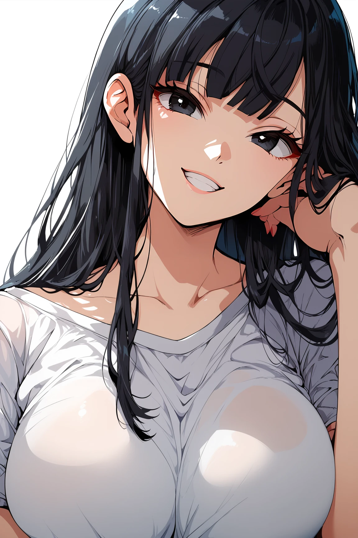 score_9, score_8_up, score_7_up, score_6_up, BREAK, 1girl, black hair, long hair, bangs, black eyes, white shirt, head tilt, smile, looking at viewer, white background, simple background, KafunStylePXL  <lora:KafunStylePXL:1>