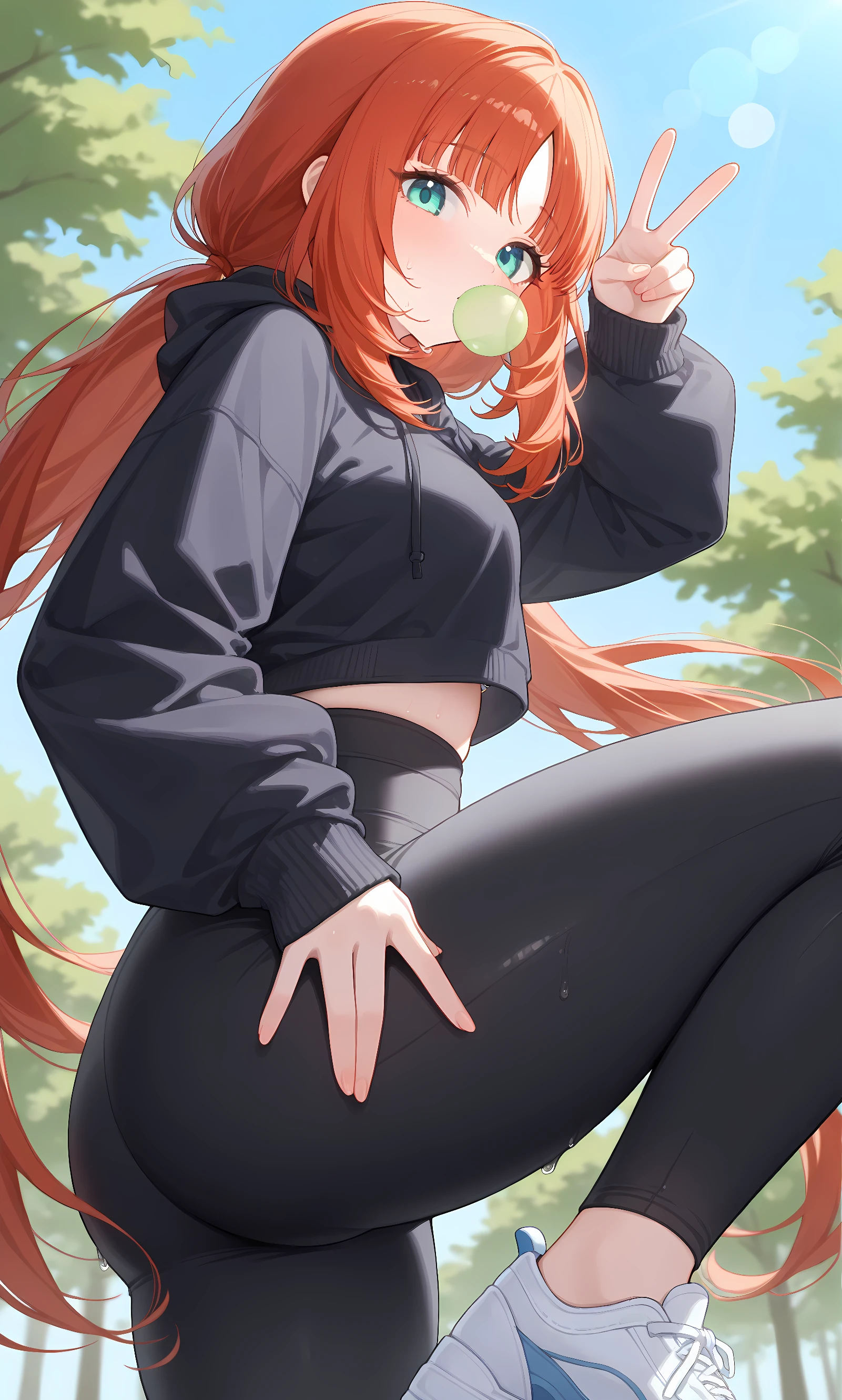 score_9, score_8_up, score_7_up, source_anime, 1girl, solo, outdoors, park, cowboy shot, looking at viewer, shiny skin, close-up, black hoodie, hoodie down, crop top, midriff peek, puffy long sleeves, black pants, high-waist pants, yoga pants, white sneakers, from side, from below, sweat, squatting, peace sign, chewing gum, nilou (genshin impact), long_hair, red_hair, parted_bangs, aqua_eyes, low_twintails, very_long_hair, sidelocks