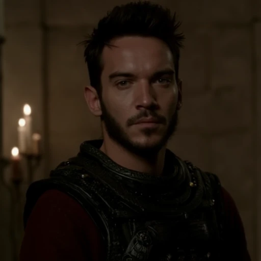 dark hair styled upwards and a neatly trimmed beard. He wears a deep red, a fair-skinned, intense look., atmospheric setting that appears to be an indoor space with stone walls, intense gaze. His facial hair includes a neatly trimmed beard and a small, secured with a metal buckle, dressed in a black leather armor adorned with intricate