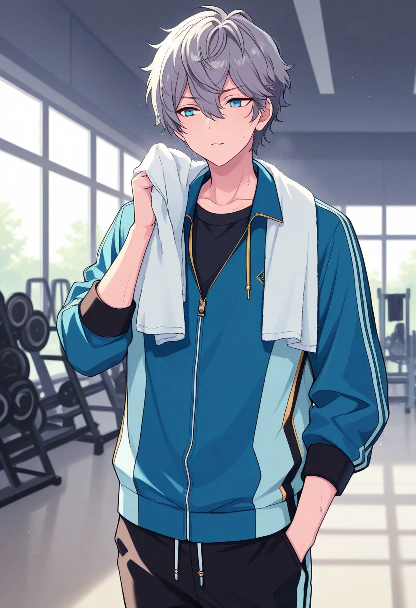 masterpiece, best quality, 
izumisena, 1boy, male focus, solo, blue eyes, grey hair, short hair, bangs, hair between eyes, track suit, jacket, track jacket, blue jacket, drawstring, pants, black pants,
indoor, towel around neck, sweat, gym,