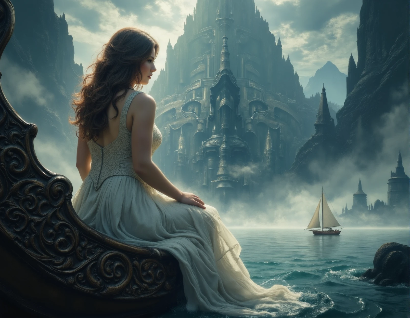 a digital fantasy painting depicting a woman with long brown hair in an elegant, flowing white gown, sitting on a luxurious, ornate wooden boat with intricate carvings. She gazes pensively at a misty, otherworldly landscape with towering, dark spires and a serene, blue lake. The sky is filled with dramatic, swirling clouds, and a lone sailboat is visible on the water. The overall mood is ethereal and mystical, with a blend of realistic textures and fantasy elements.<lora:lynn_collins_beta:0.9>  <lora:Magic of Art  2  (FLUX):0.7>