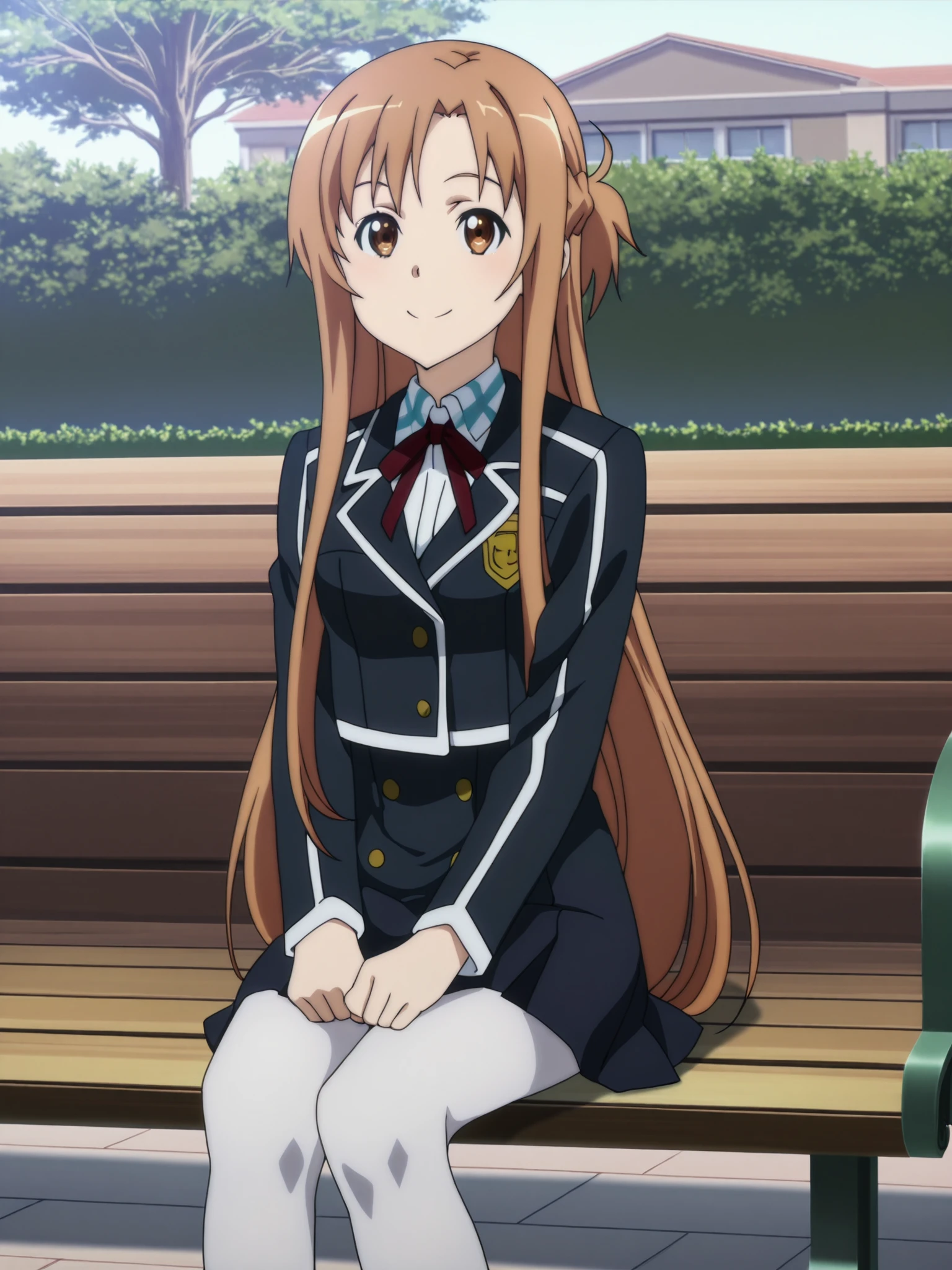 anime screencap, anime coloring, 
outside,
 <lora:3-in-1_Asuna_Yuuki_Suguha_Kirigaya_and_Kirito_Kazuto_Kirigaya_Sword_Art_Online_-_Illustrious:.8>,
Asuna Yuuki (character), Asuna winter school uniform, 1girl, asuna (sao), long hair, pantyhose, brown eyes, solo, school uniform, white pantyhose, brown hair, sitting, bench, skirt, jacket, facing the user, smiling, happy girl,