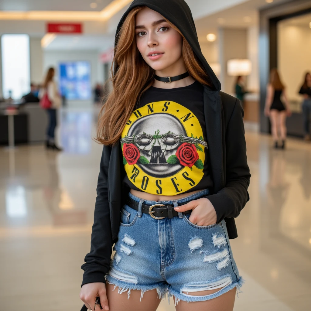 <lora:gnr-shirt-guns:1> gnr, ultra detailed, ultra realistic, ultra defined texutes, cinematic, cinematic lighting, 8k, analog polaroid, front facing view, a beautiful woman wearing a guns n roses hoodie, she has the hood on, and a denim skirt in a shopping mall, looking at the camera, posing sexy <lora:Jia lissa 2 1024:1> jialis