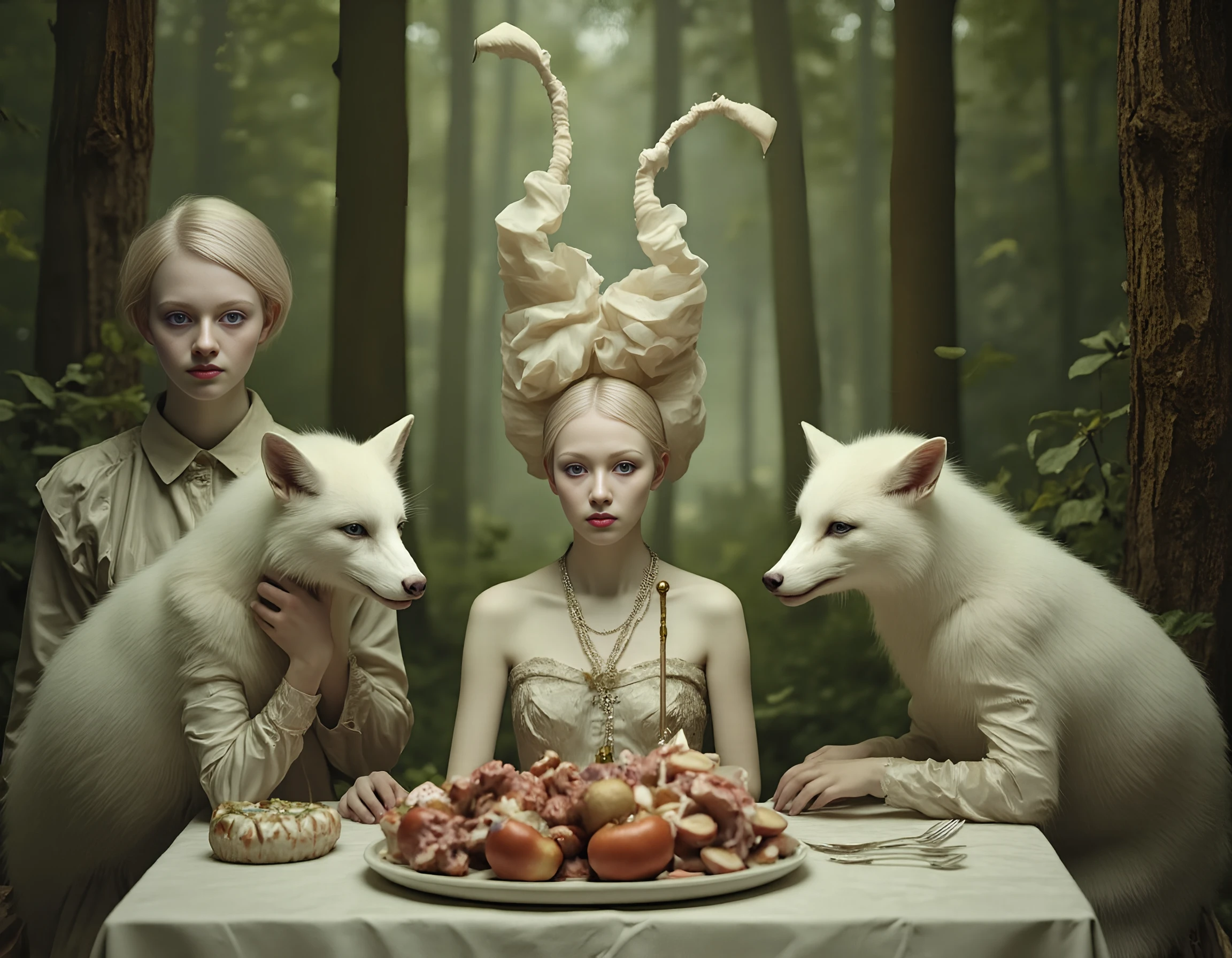 (finely intricate details:1.4) (ultra high definition:1.3) award winning coherent albino  photography of a front point of view of an  fox with a woman  in a meal at the table in the middle of the forest. silk stockings, hkstyle, style of epic cinematic, amazing quality, detailed clothes , strong chests. The image lighting is lit by Short Lighting viewed from a Steadicam Shot angle.:<lora:albino-000012:1>