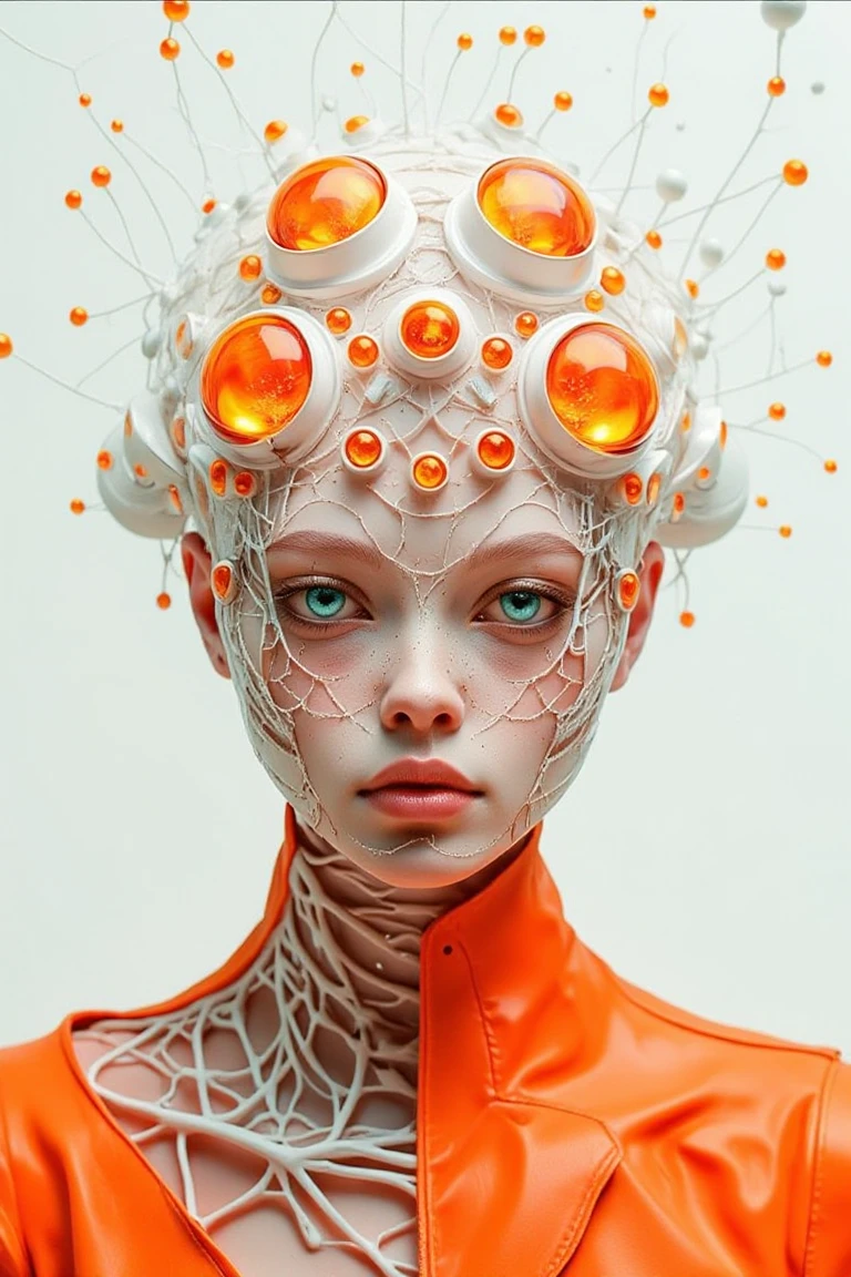 Studio_Punkji, The image is a digital art piece that appears to be a close-up of a human figure's head and upper body. The figure is made up of multiple layers of white and orange objects, with the top layer being the largest and the bottom layer being smaller. The objects are arranged in a symmetrical pattern, creating a sense of depth and dimension.

The figure's face is the focal point of the image, with its eyes looking directly at the viewer.