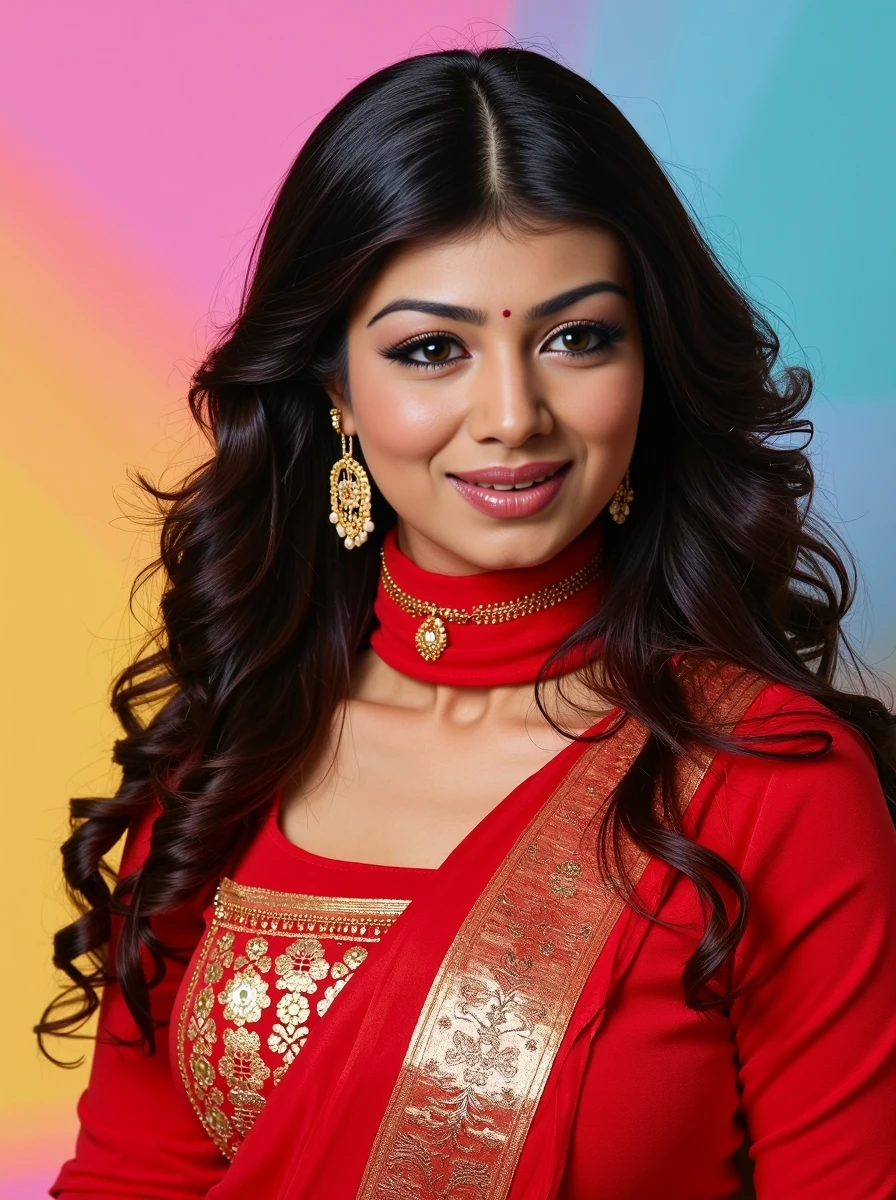 headshot photo of Ayesha Takia woman,hyper realistic candid photo  serious,studio quality, wearing intricate conservative turtleneck Red Kanjeevaram Silk Saree, curls, pastel shaded multicolored background, cinematic lighting<lora:TestBed\Ayesha_Takia_Flux_Kohya_LoRA_v1-000005.safetensors:1.0:1.0>