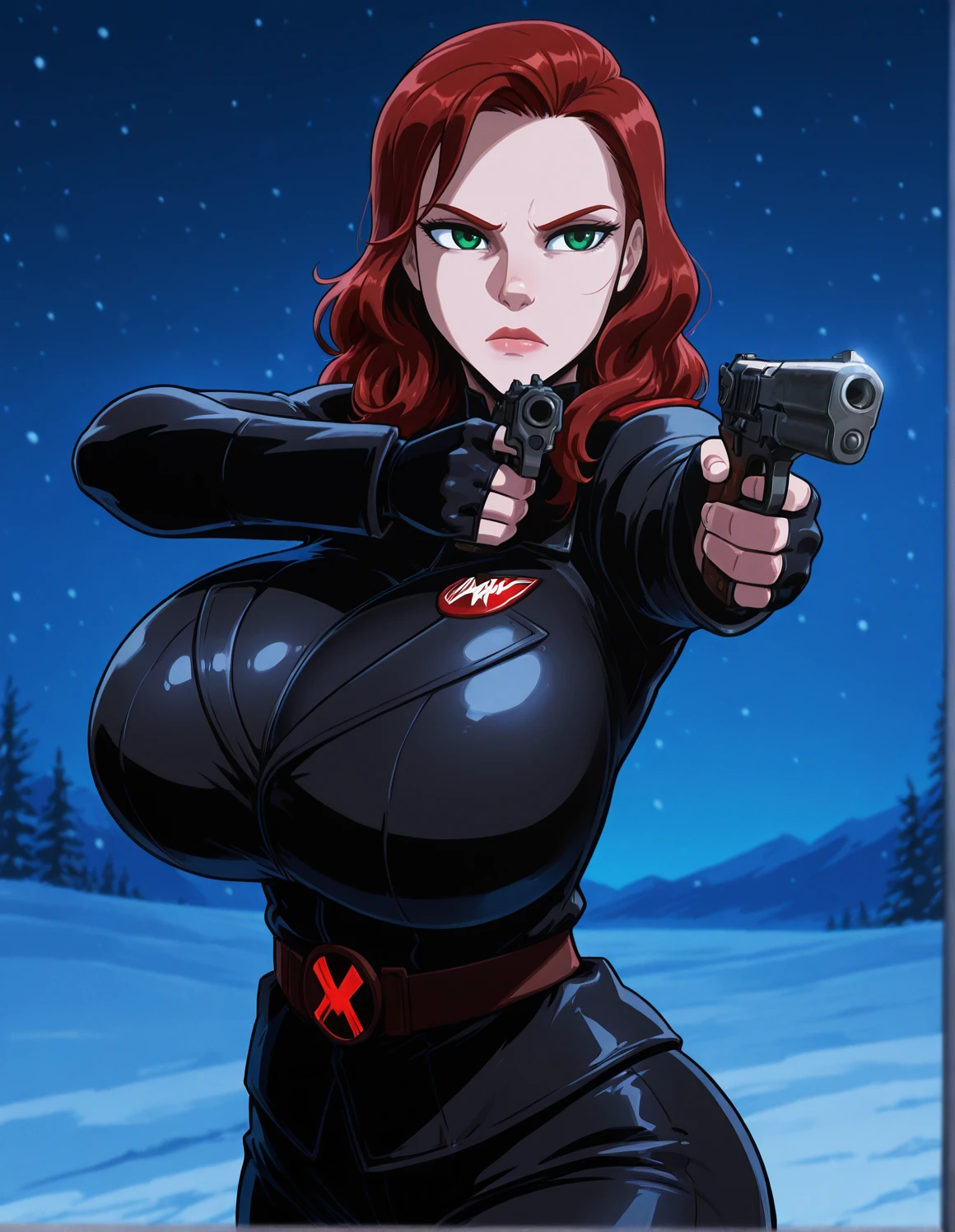 kogeikun, 2d, anime_coloring, snowy background, military base, night,
1girl, black widow_\(marvel\), huge breasts,
holding pistol, aiming, focused, green eyes, red hair,
<lora:Kogeikun_IL:1>