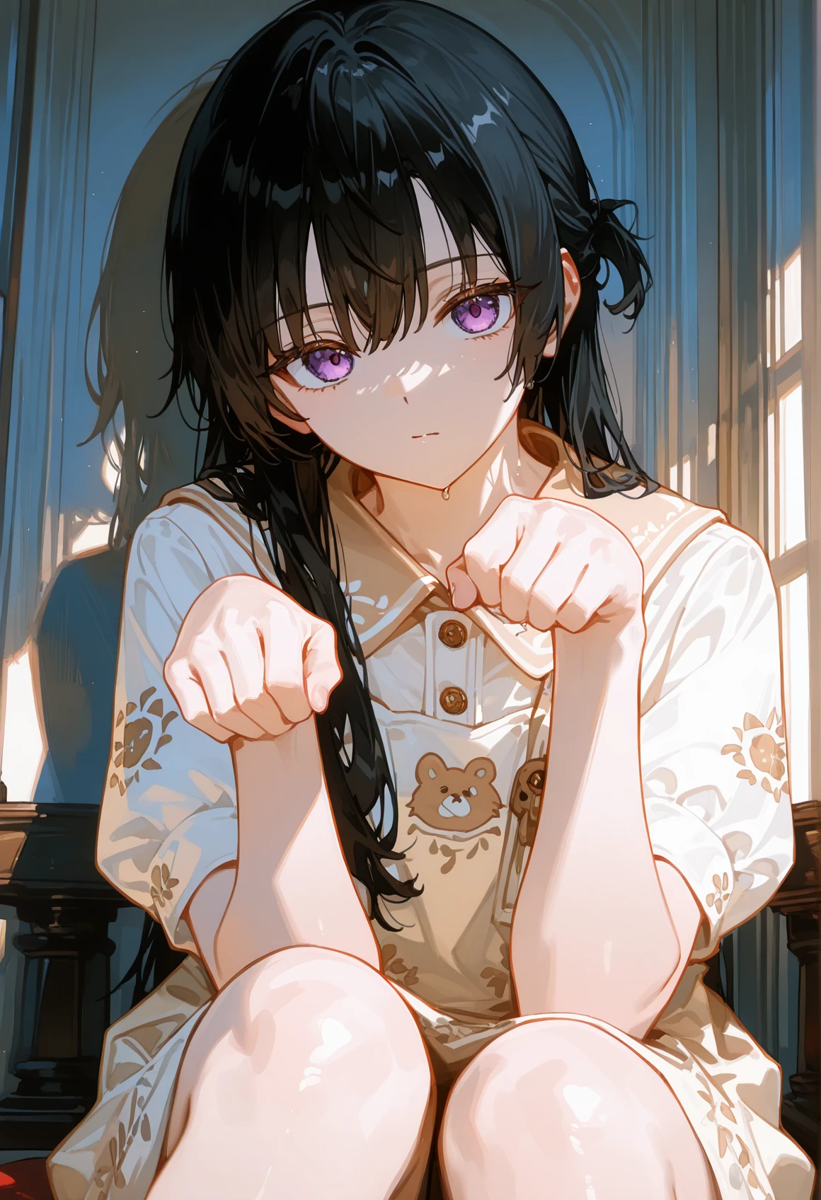 perfect quality,high quality,masterpiece,best quality,amazing quality,very aesthetic,Cinematic Lighting,newest,Tactical use of shadow,
front view,full_shot,looking_at_viewer,Shock,
YukiSuou Cyql,1girl,solo,long hair,bangs,black hair,purple eyes,
sitting_backwards,paw_pose,
Cute print Peter Pan collar dress, ballet flats,
Classicism Art, inspired by Roman and Greek culture, clarity, harmonious, classicism art,,
<lora:USNR STYLE_XL_loha:0.45>,usnr,<lora:spo_sdxl_10ep_4k-data_lora_webui:0.5>,<lora:illustrious_all_rated_v1:0.6>,<lora:ponyv5_noobV065S_1_adamW:0.7>,<lora:748cmSDXL:0.8>,748cmstyle,<lora:DarkerThanBlackIllustrious:0.5>,<lora:YukiSuou_Illustrious by Cyql:0.9>,