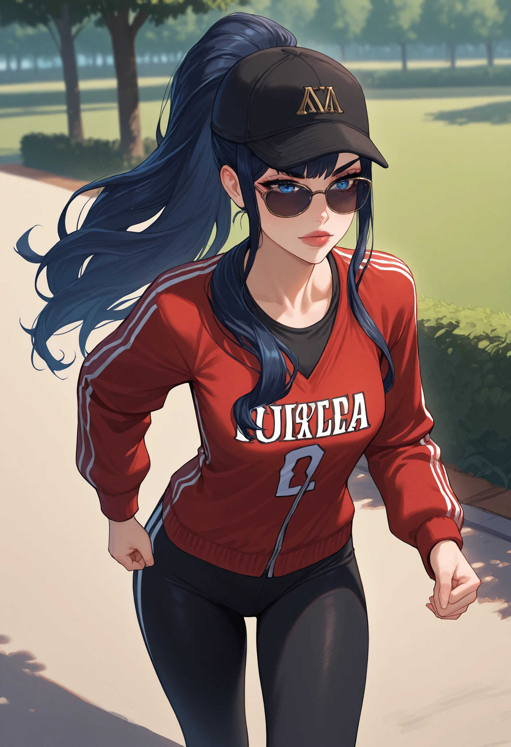 masterpiece, best quality,  1girl, standing, park, path, running, jersey, yoga pants, sunglasses, baseball cap, ponytail,
gaia_xiv, blue eyes, lips, black hair,   <lora:Gaia_IL:1>