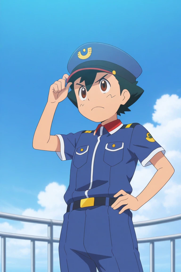 score_9, score_8_up, score_7_up, score_6_up, score_5_up,score_4_up, 
masterpiece, best quality, amazing quality, very aesthetic, absurdres, newest, official art, high resolution
ash, black hair, brown eyes, 1boy, male focus, closed mouth, hat, short sleeves, belt, solo, short hair, bangs, shirt, breast pocket, day, collared shirt, uniform, outdoors, black belt, frown, pants, hand on hip, blue headwear, belt buckle, hand on headwear, jacket, pocket, blue jacket, cloud, sky, hand up, buttons, police uniform, blue pants, short sleeves