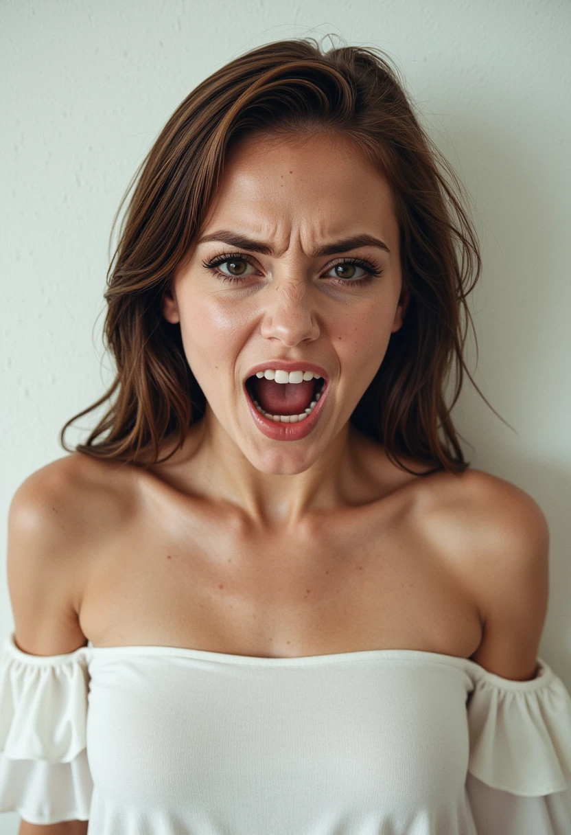 headshots, multiple angles,photoshoot poses; the image is a portrait of a young woman. she is standing. she has piercing eyes. She is wearing a white off-the-shoulder blouse with ruffled sleeves. She has angry look on her face. she is yelling. The background is a simple white wall. The overall mood of the image is angry and frustrated.RAW candid cinema,16mm,color graded portra 400 film,remarkable color,ultra realistic,textured skin,remarkable detailed pupils,realistic dull skin noise,visible skin detail,skin fuzz,dry skin,shot with cinematic camera,detailed skin texture,(blush:0.2),(goosebumps:0.3),subsurface scattering,beautiful photograph in the style of Augustus John,Sergio Toppi,Virginia Frances Sterrett,8k HD,detailed skin texture,ultra realistic,textured skin,analog raw photo,cinematic grain,whimsical.perfection style